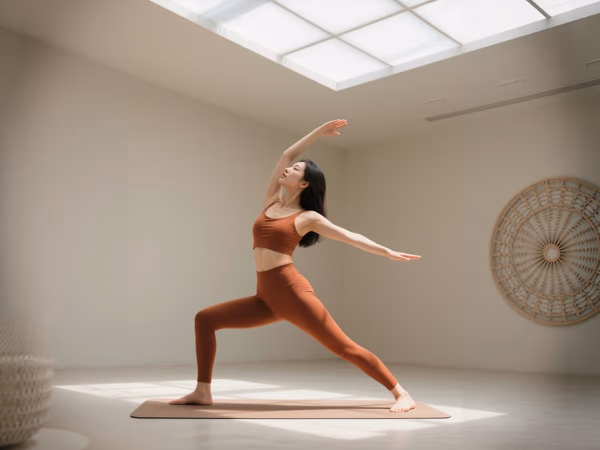 Woman in rust-colored workout clothes performing a yoga warrior pose on a mat in a bright, minimalist room.