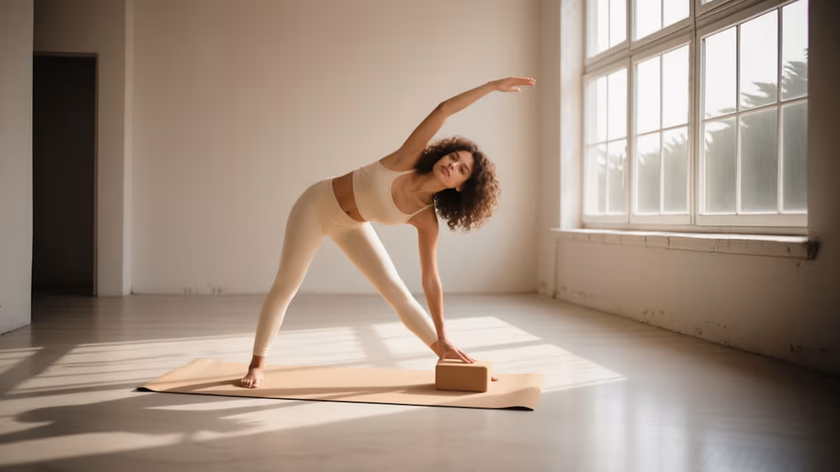Woman practicing yoga on a mat in a sunlit studio, using a yoga block for support during a side stretch.