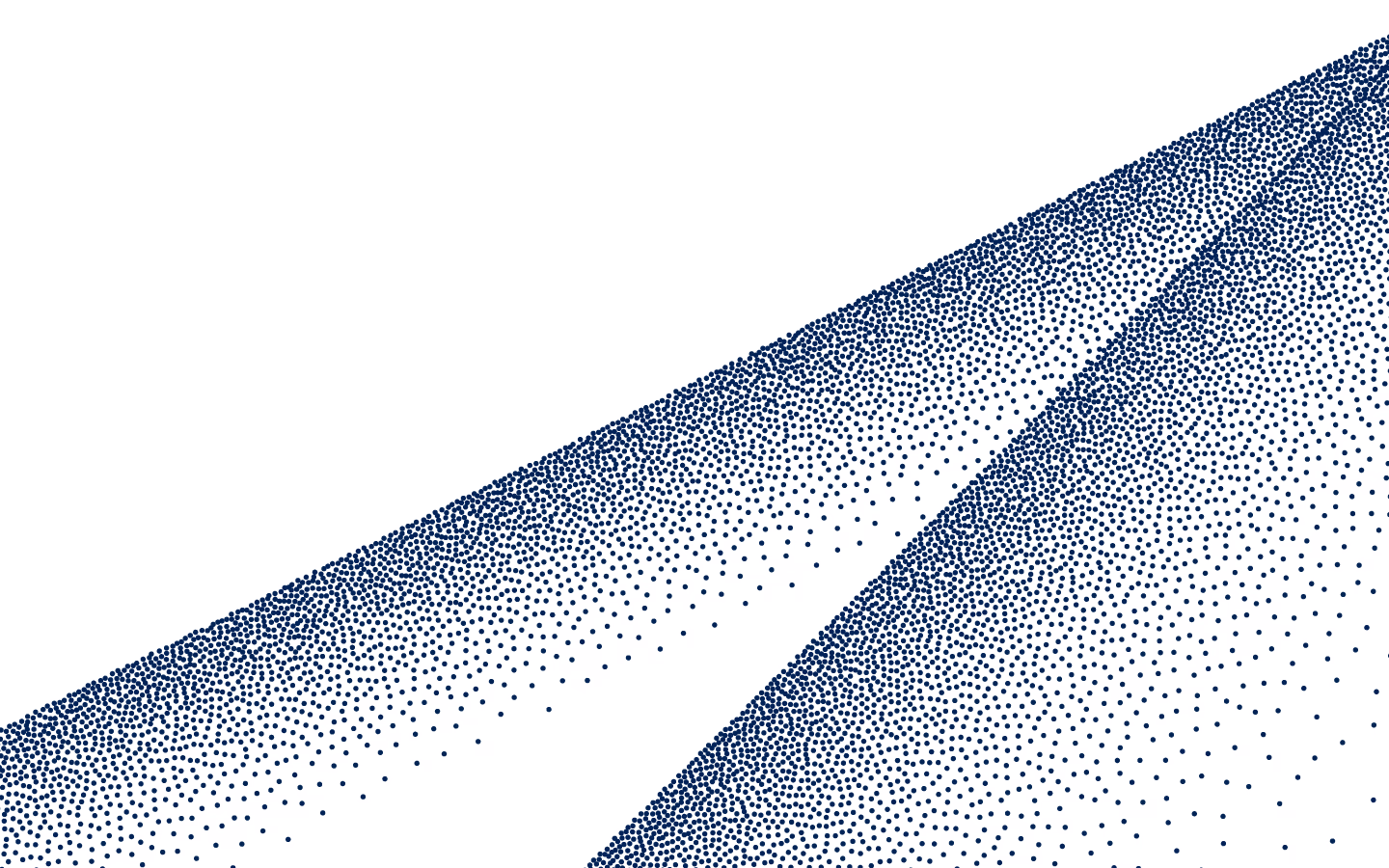 Abstract pattern of two diagonal bands made of dense small blue dots gradually dispersing on a white background.