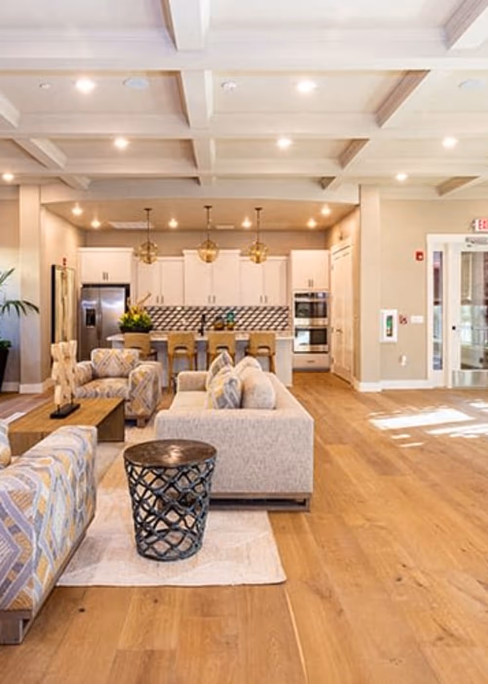 Resident clubhouse with seating area featuring sofas, and kitchen