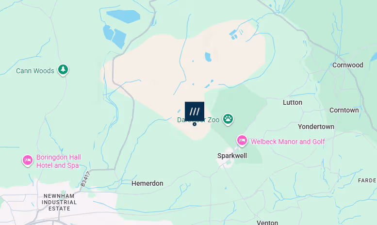 Map showing locations of Dartmoor Zoo, Boringdon Hall Hotel and Spa, Welbeck Manor and Golf, and surrounding areas including Sparkwell, Hemerdon, and Cornwood.