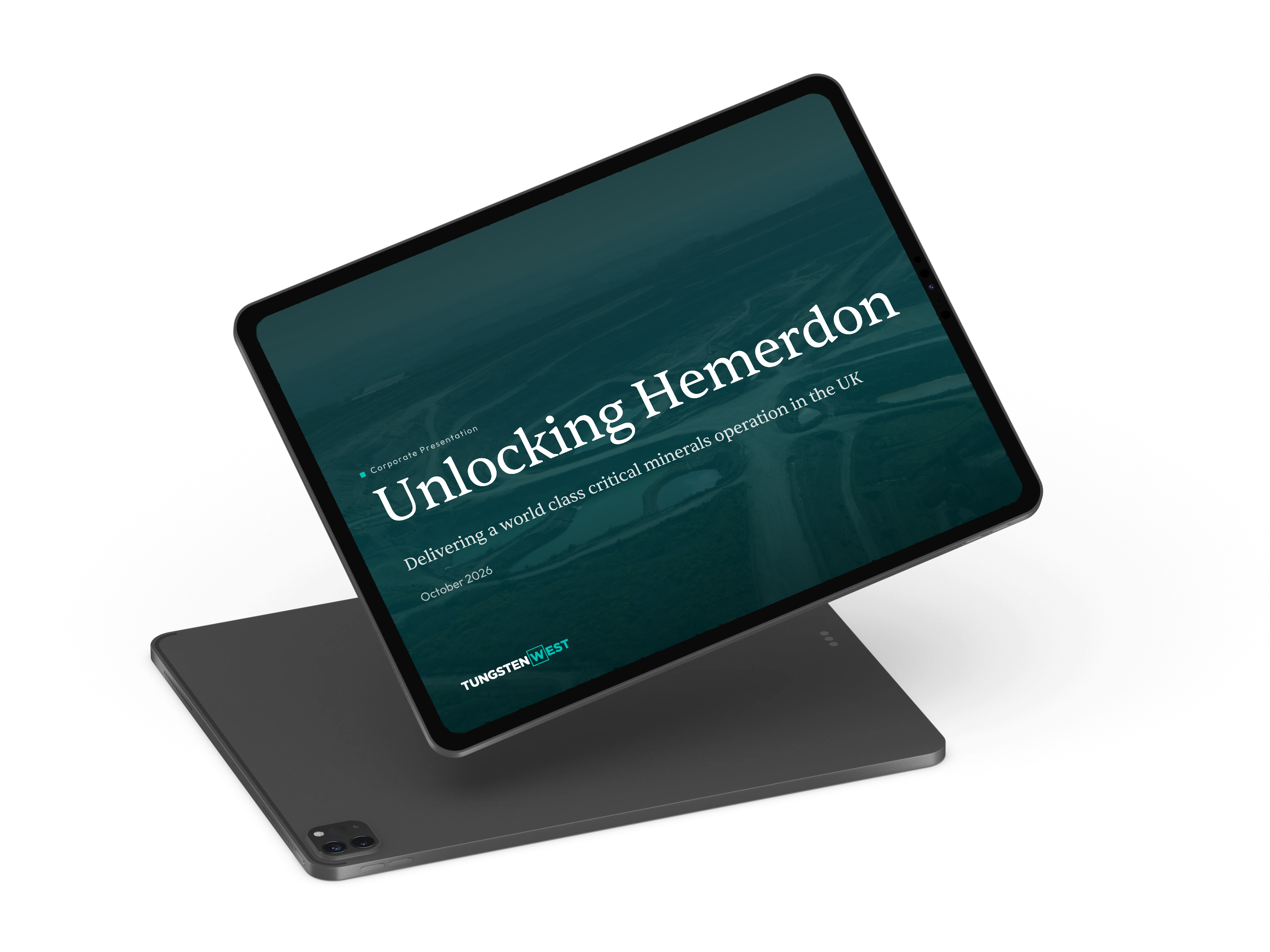 Tablet displaying a presentation titled 'Restarting Hemerdon' with an aerial view of a mining site.