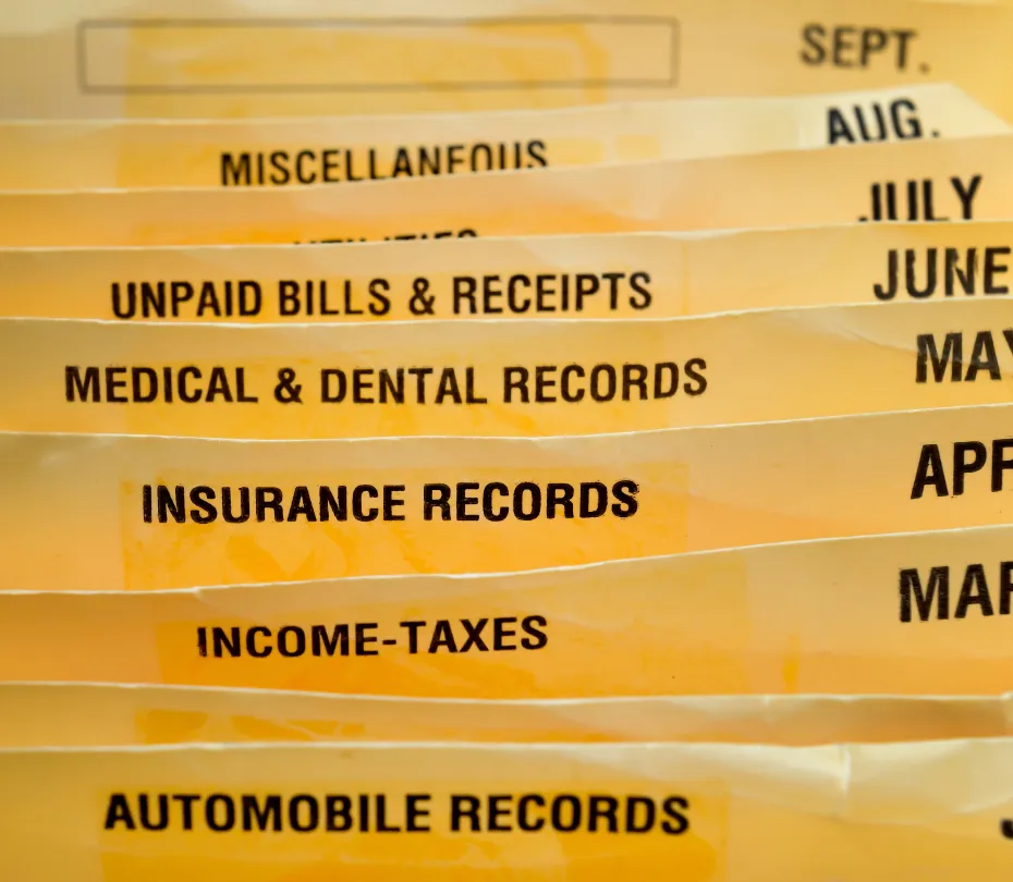 Close-up of labeled folder tabs for organizing records like insurance, taxes, bills, and medical documents.