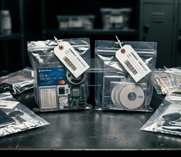 Collection of tagged evidence bags containing a circuit board with a bank card and several compact discs on a dark table.