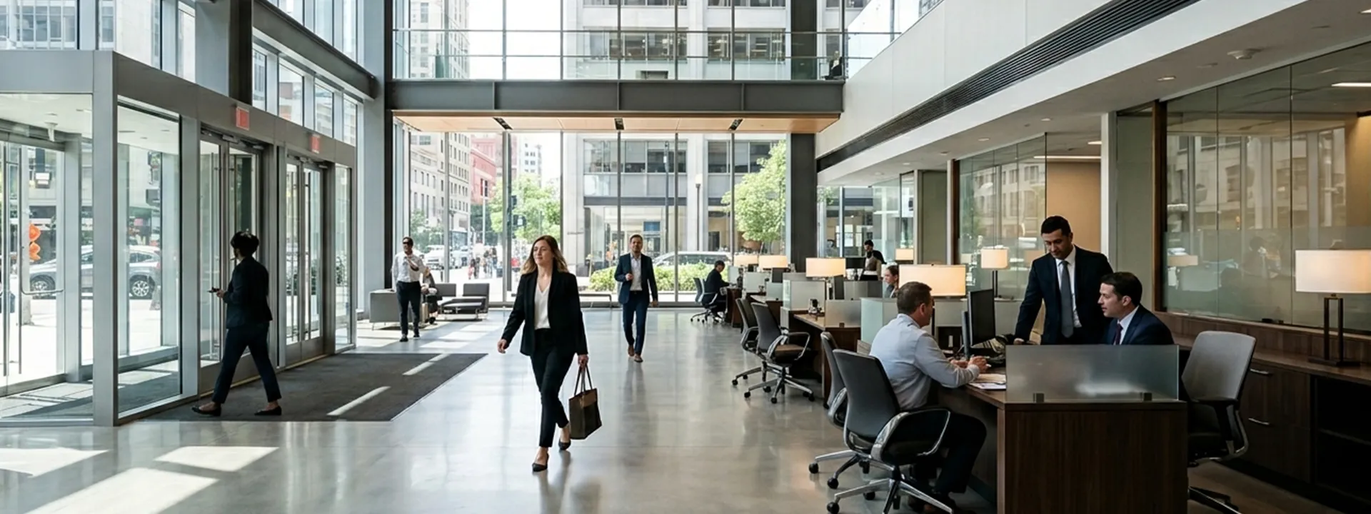 Modern office lobby with large glass windows, people walking and working at desks.