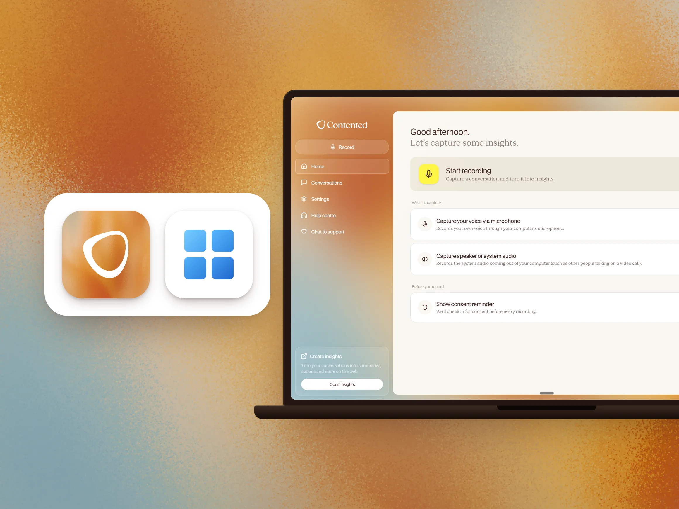 Contented desktop app for Windows, showing a call being recorded