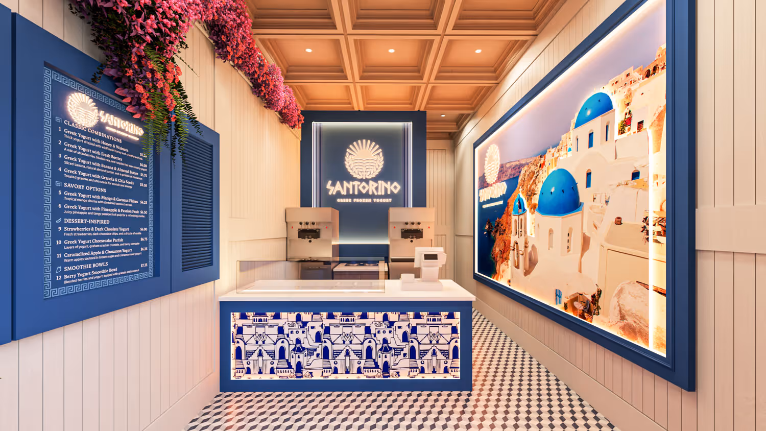 Interior of "Santorino Greek Frozen Yogurt" shop with a wooden ceiling, a menu board, a payment counter, two yogurt machines, decorative tile patterns, and a large photo of Santorini buildings with blue domes.