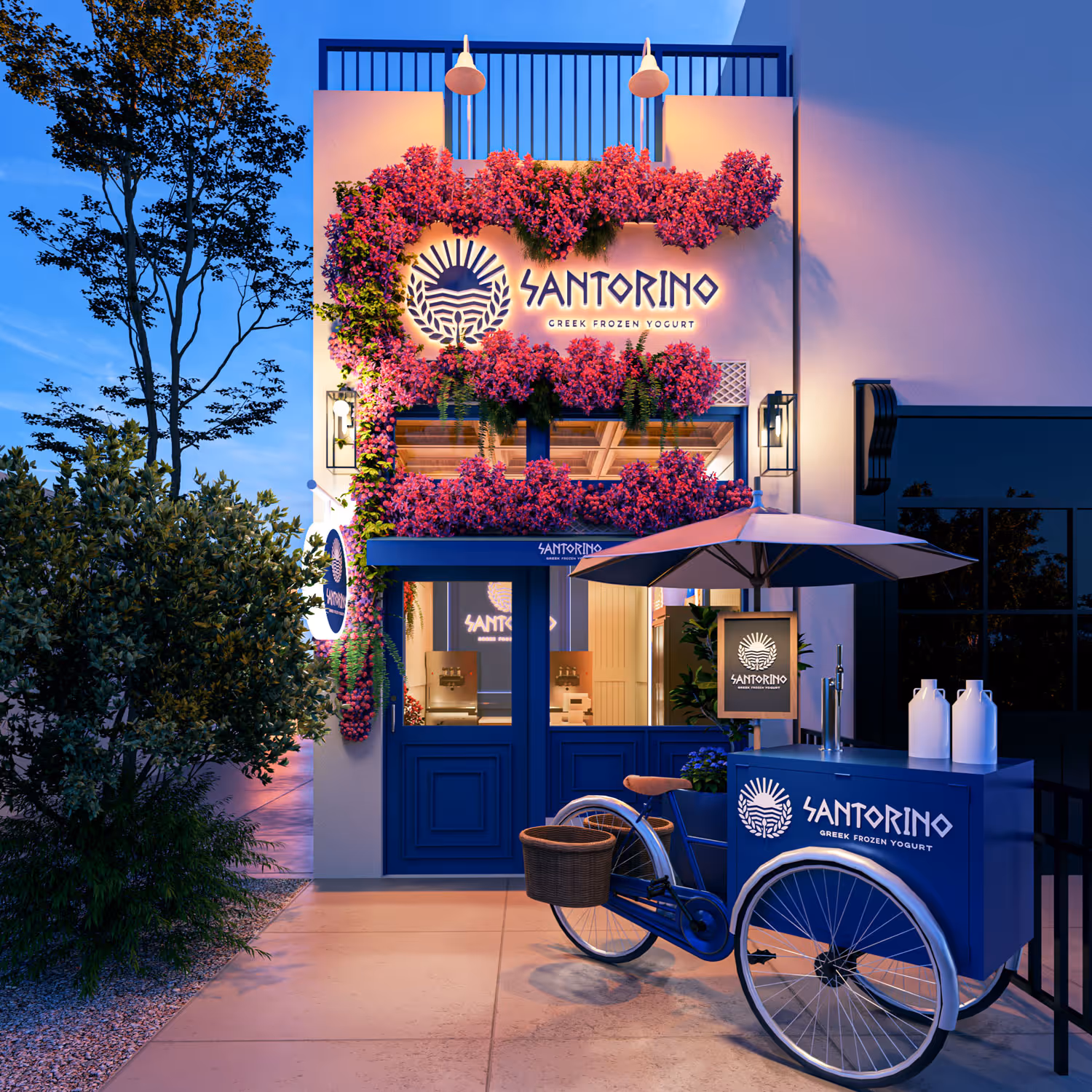 "Santorino Greek Frozen Yogurt" shopfront decorated with vibrant pink flowers and a blue cart with an umbrella outside.