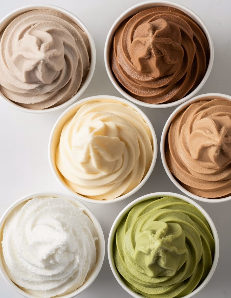 Six cups of frozen Yogurt in various flavors, including chocolate, vanilla, matcha, and coffee.