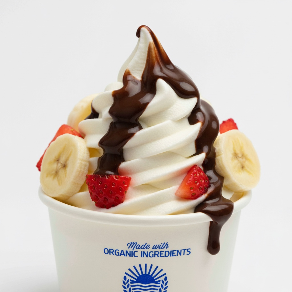 A cup of vanilla soft serve frozen yogurt topped with chocolate syrup, sliced bananas, and strawberries.