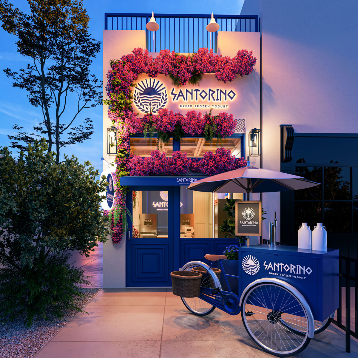 "Santorino Greek Frozen Yogurt" shopfront decorated with vibrant pink flowers and a blue cart with an umbrella outside.