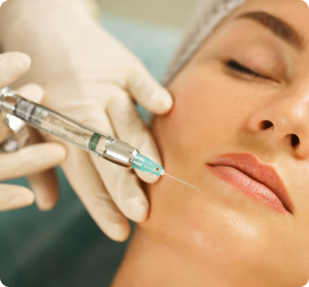 Close-up of a person receiving a Botox injection in the cheek from a gloved medical professional.