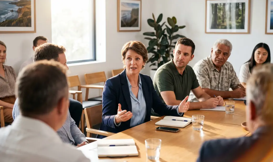 A woman engages a group of people, sharing ideas and insights in a meeting setting.
