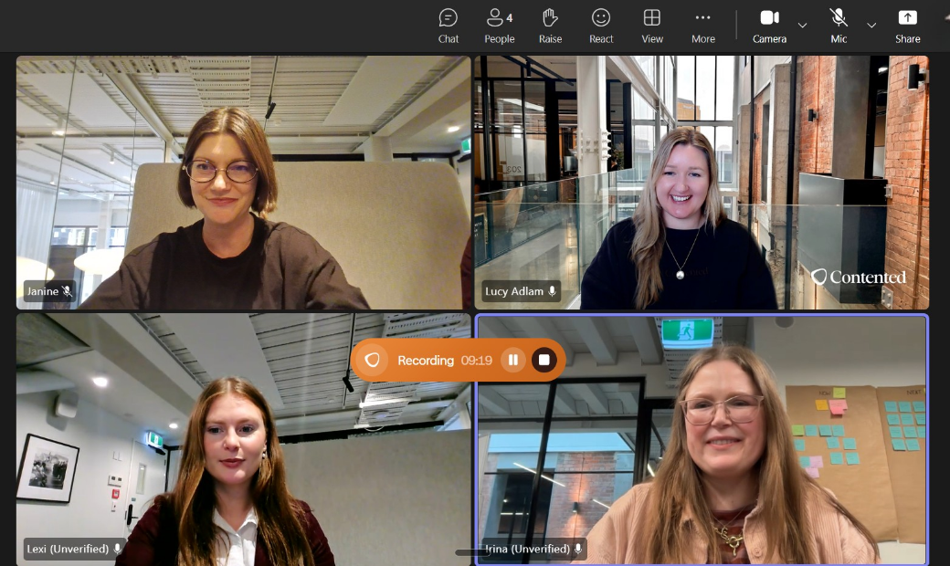 Contented team members on a video call with Teams.
