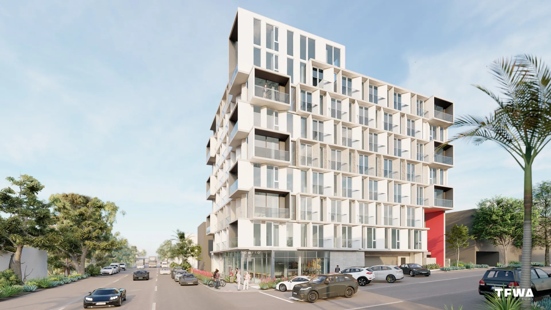 Modern multi-story apartment building with large windows, balconies, and street view with cars and trees.