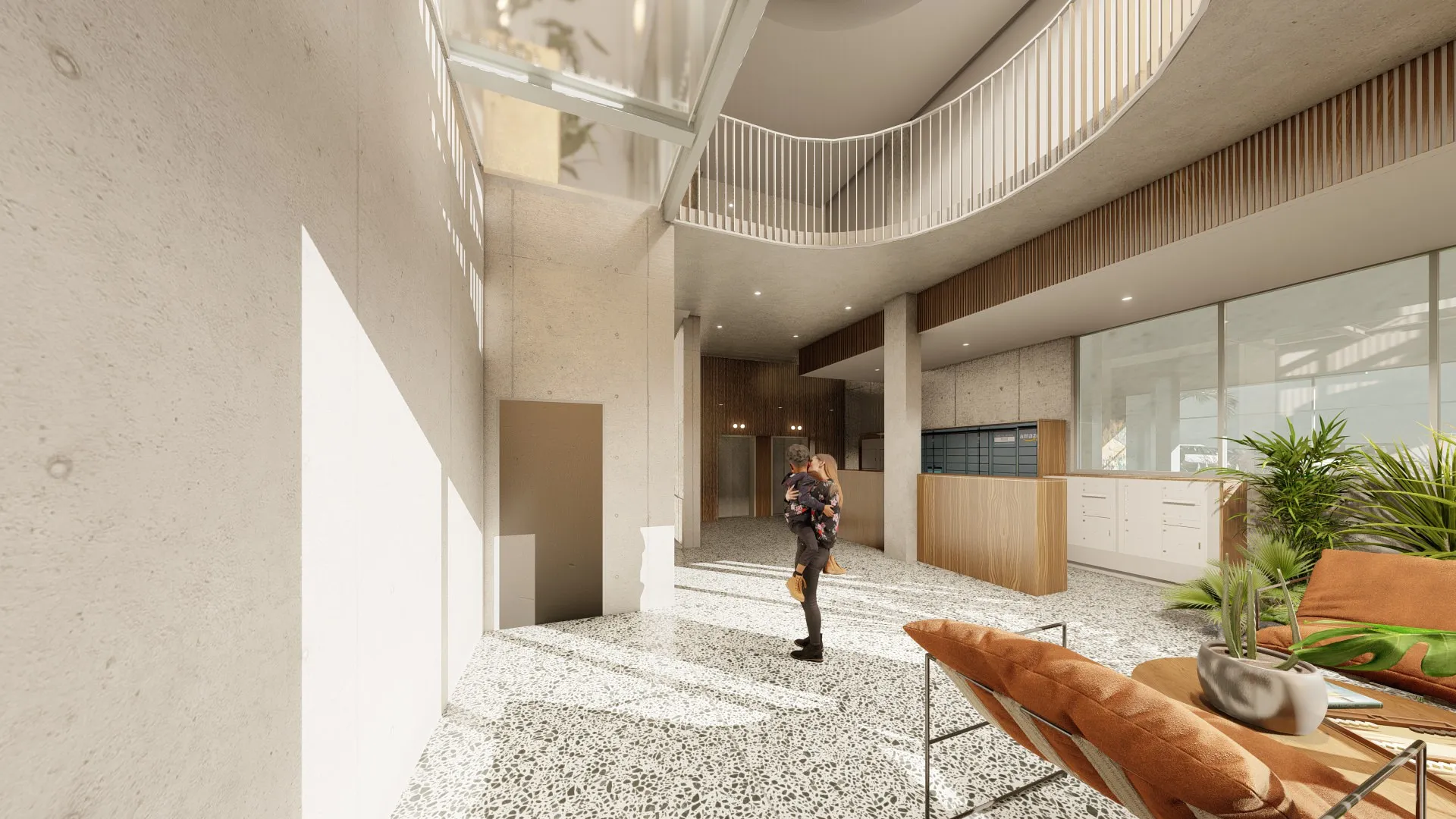 Modern apartment lobby with terrazzo floor, wooden reception desk, brown cushioned chairs, green plants, and a person holding a child.
