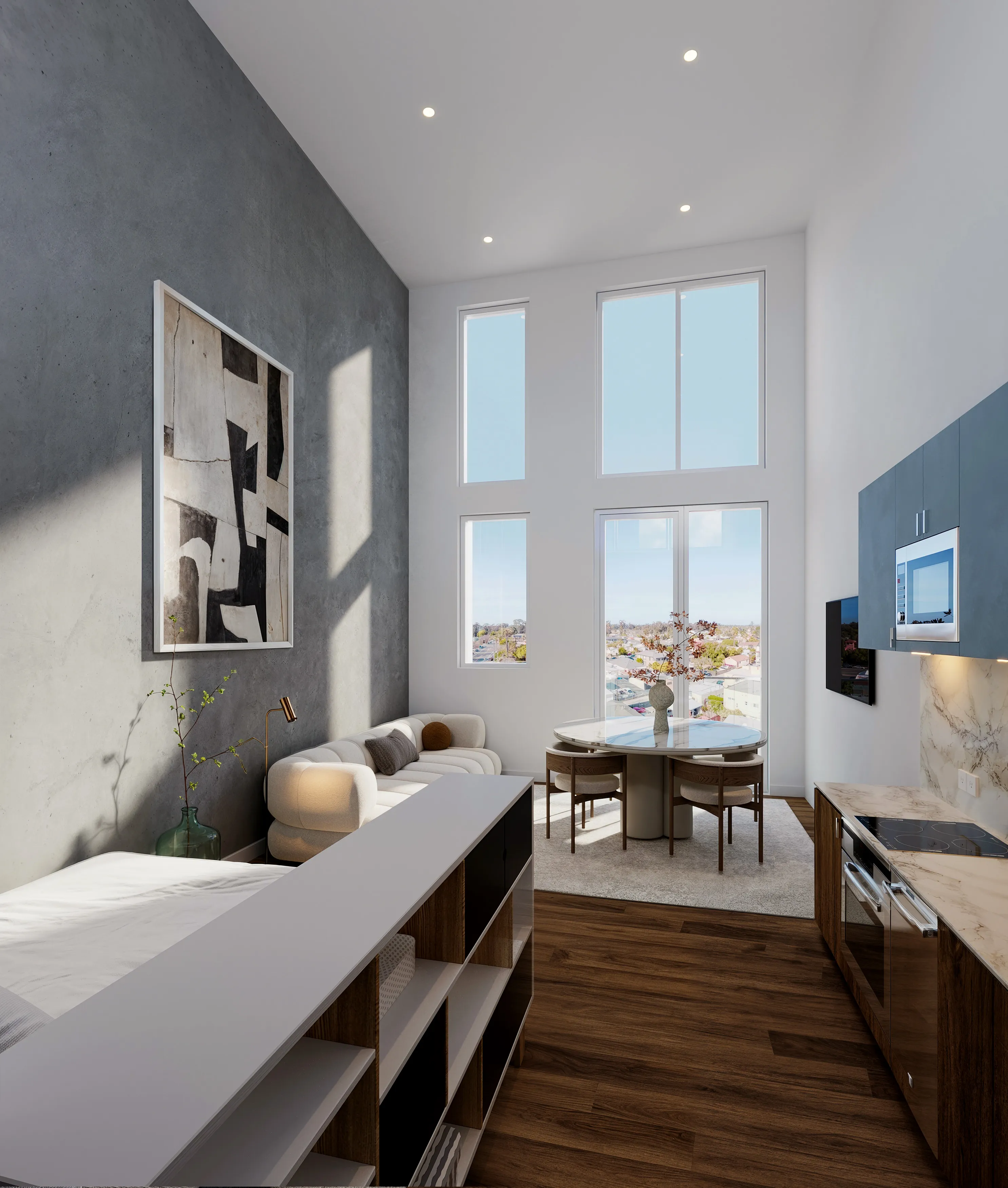 Modern living area with high ceiling, large windows, white sofa, round dining table with chairs, and sleek kitchen with marble countertops.