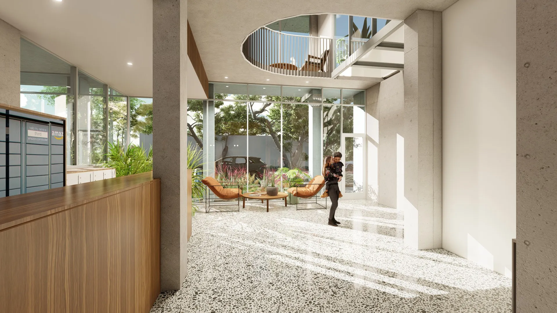 Bright modern apartment lobby with terrazzo flooring, wooden reception desk, floor-to-ceiling windows, seating area, and a woman holding a child.