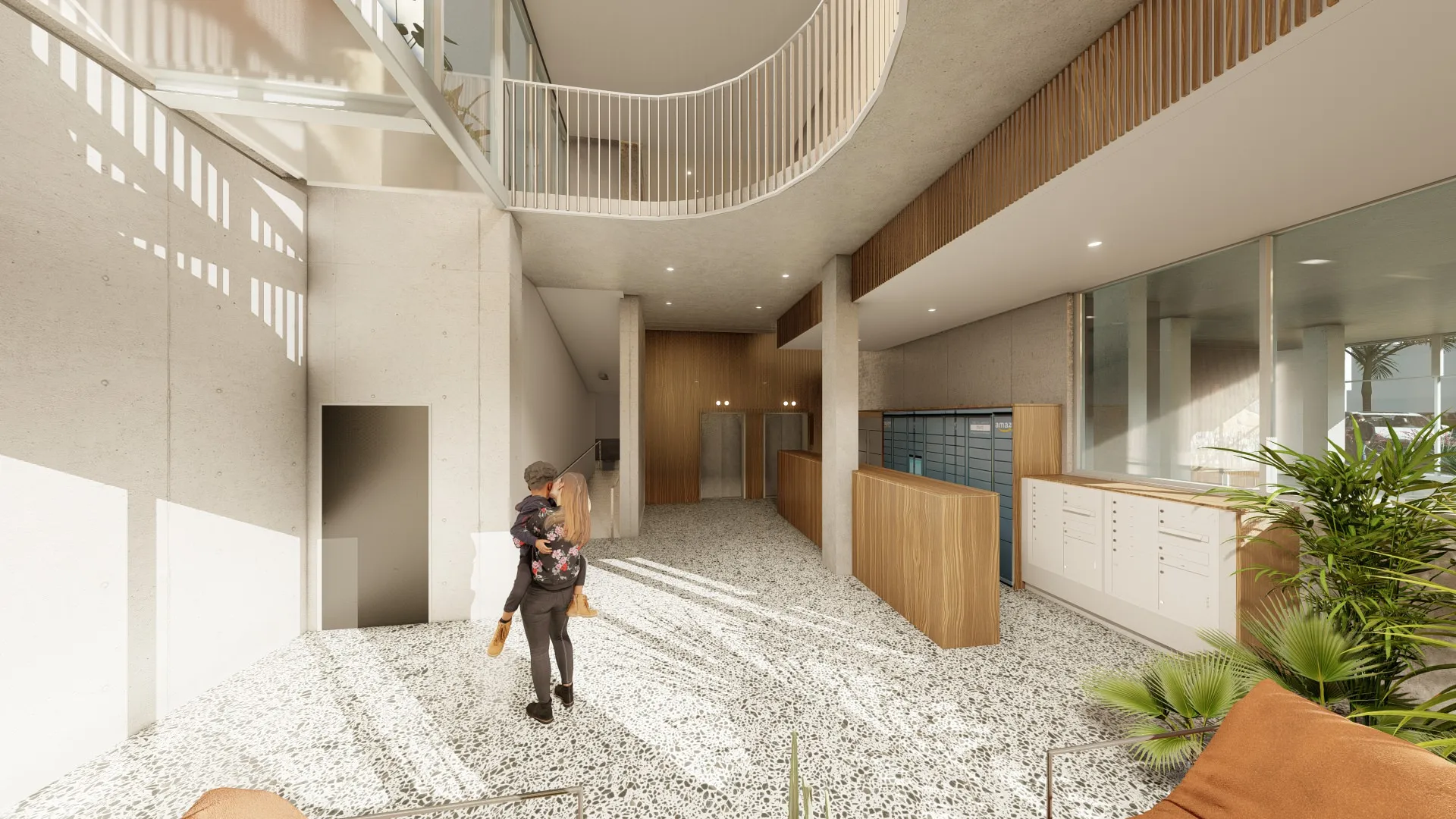 Modern apartment lobby with terrazzo flooring, mailboxes, elevators, plants, and a person carrying a child.