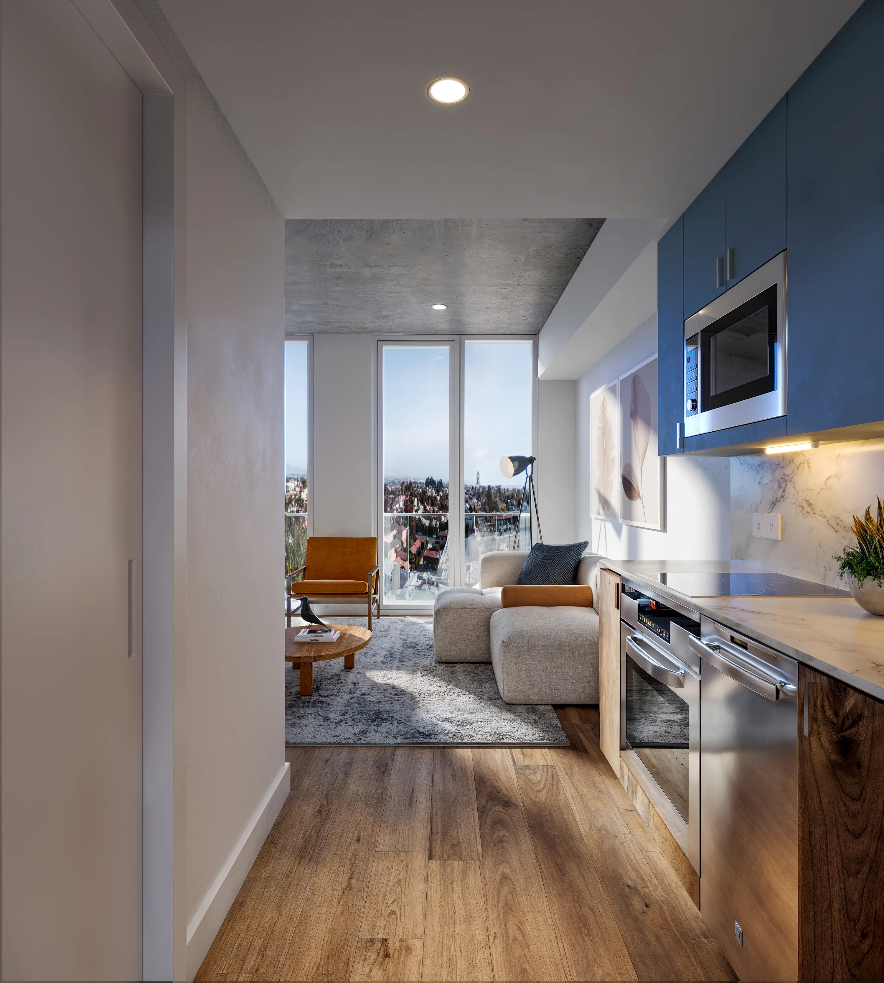 Modern apartment interior with wooden floor, beige sofa, orange armchair, coffee table, blue kitchen cabinets, and large windows showing city view.
