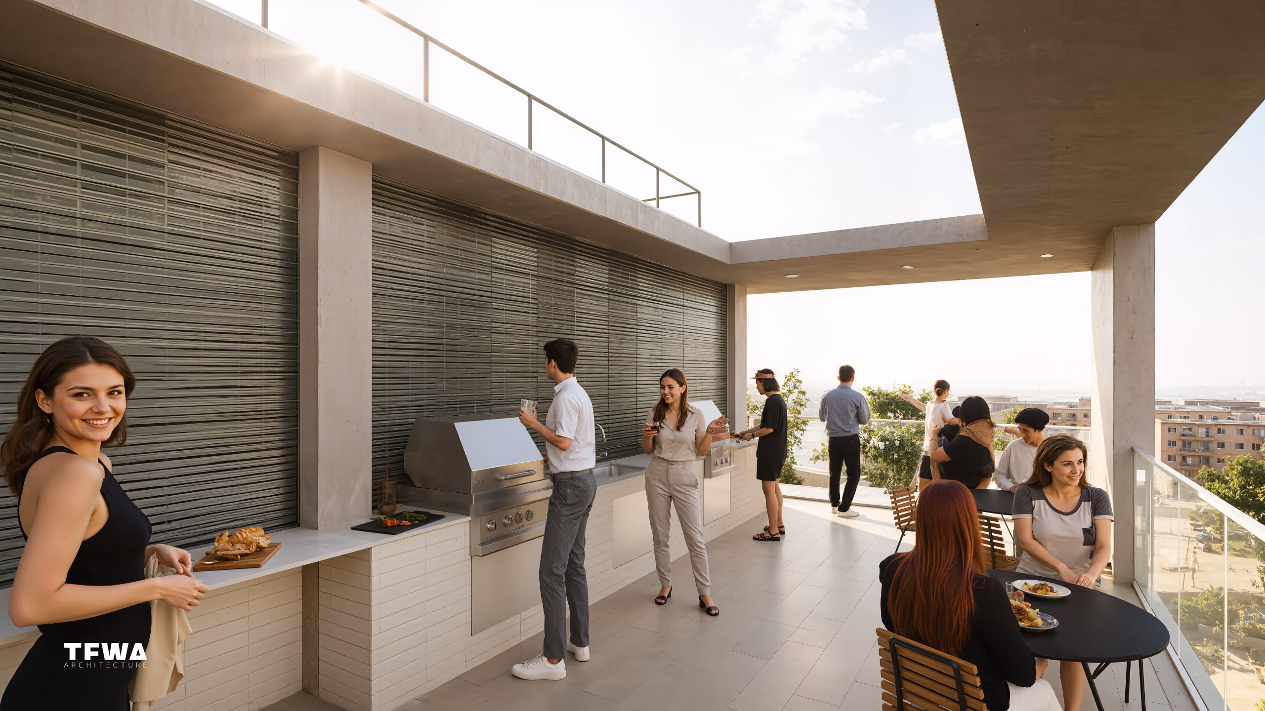 People socializing and enjoying food on a modern rooftop patio with a built-in grill and city view.
