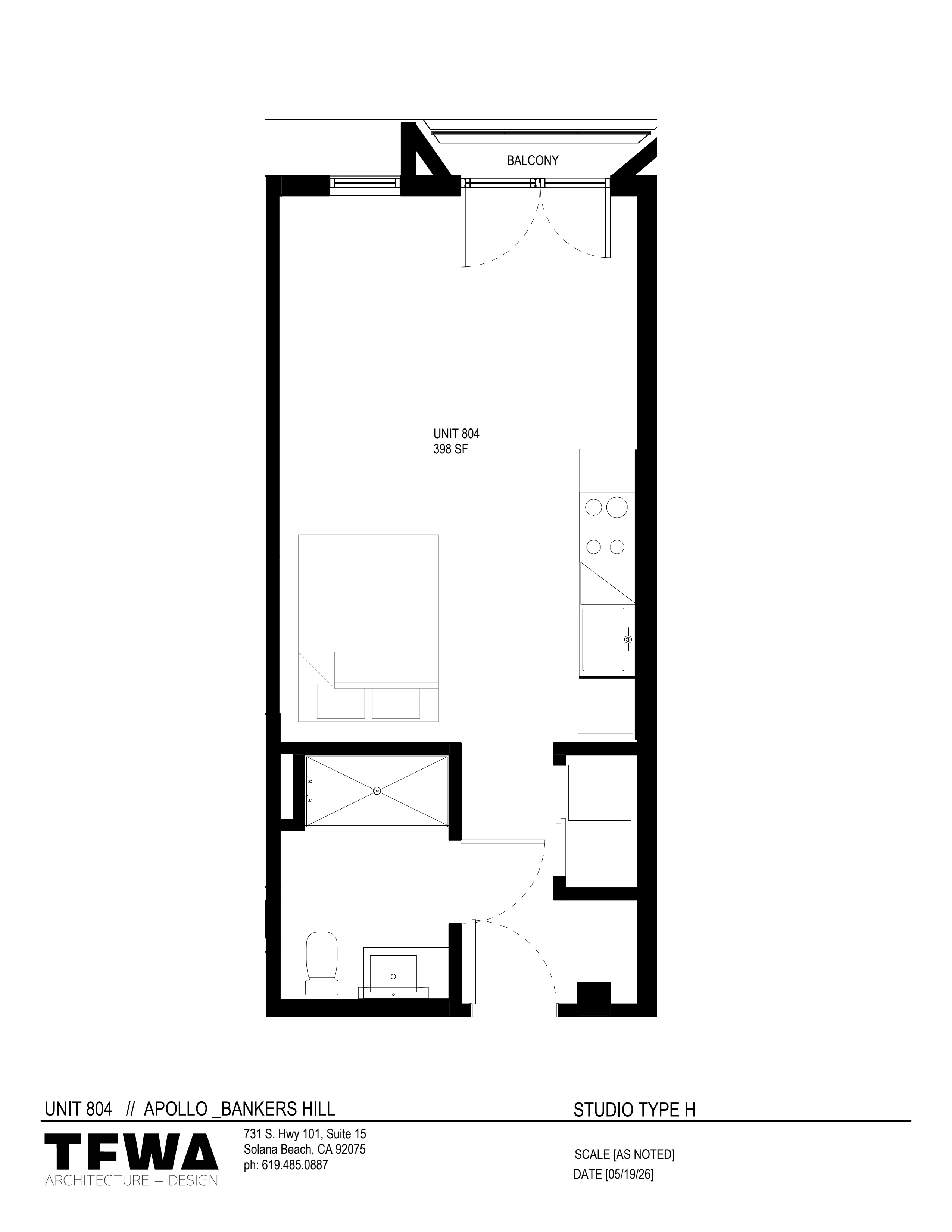 Floor plan of Unit 804 studio apartment with balcony, kitchen, bathroom, and living/sleeping area.