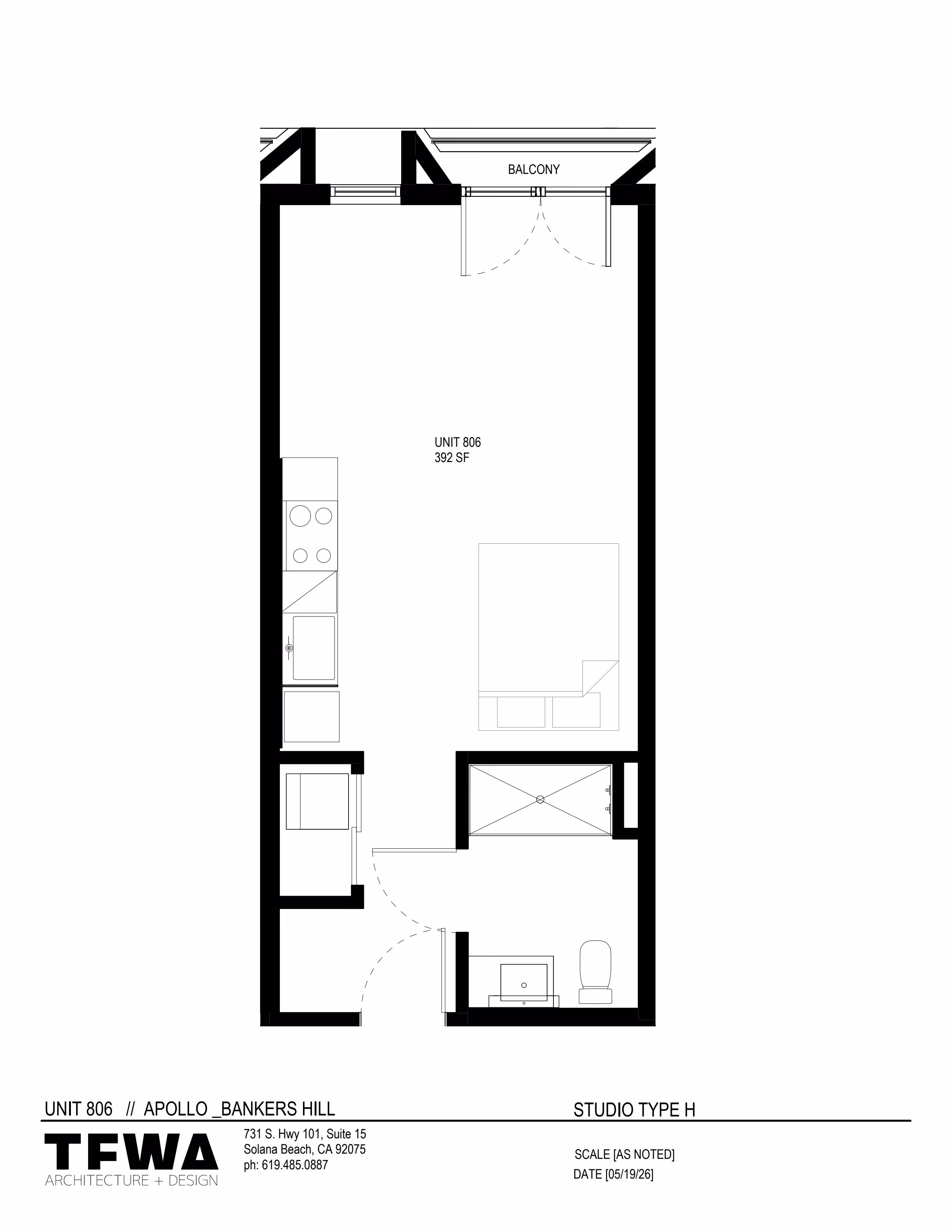 Floor plan of studio apartment Unit 806 with kitchen, bathroom, living/sleeping area, and balcony.