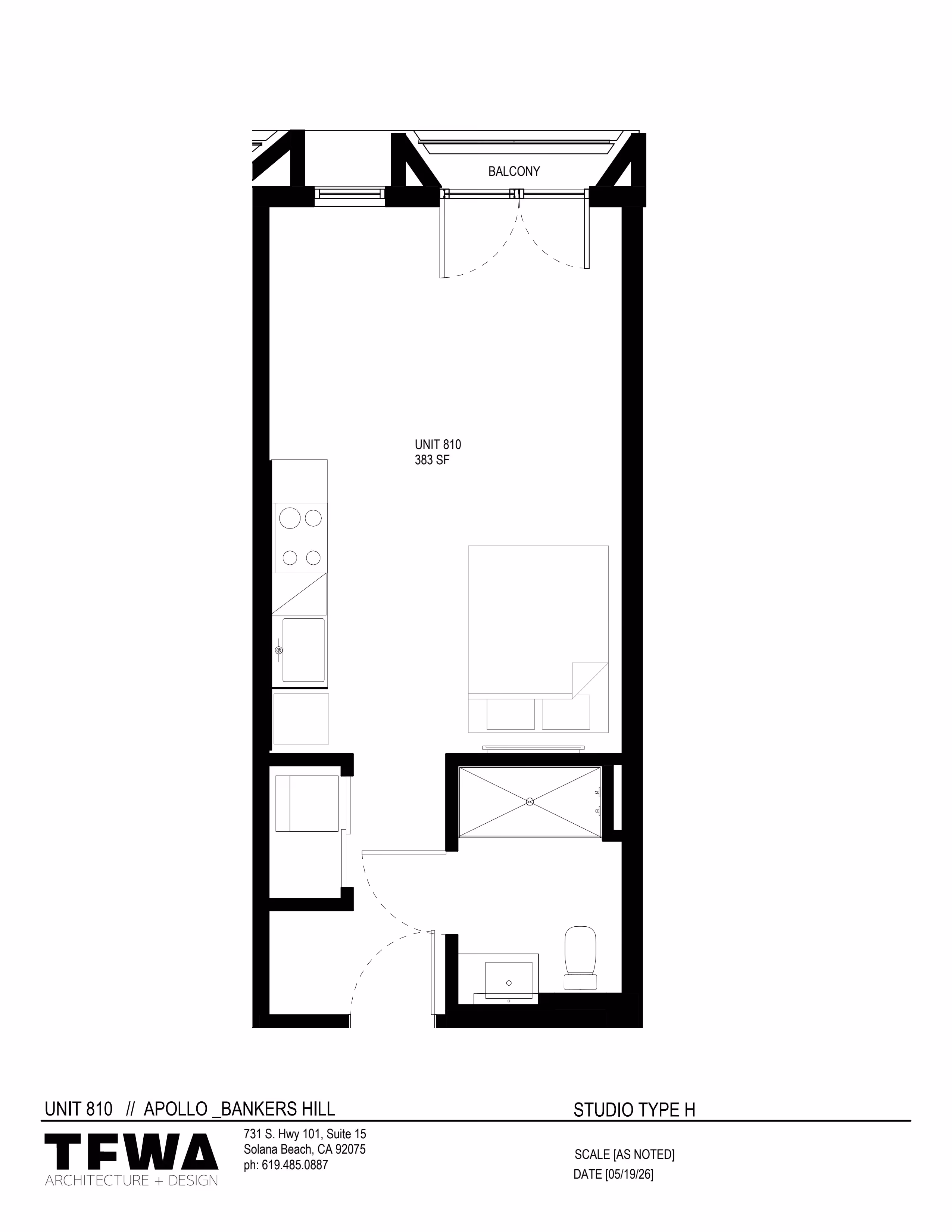 Floor plan of Unit 810 studio with kitchen, bathroom, living area, and balcony, total 383 square feet.