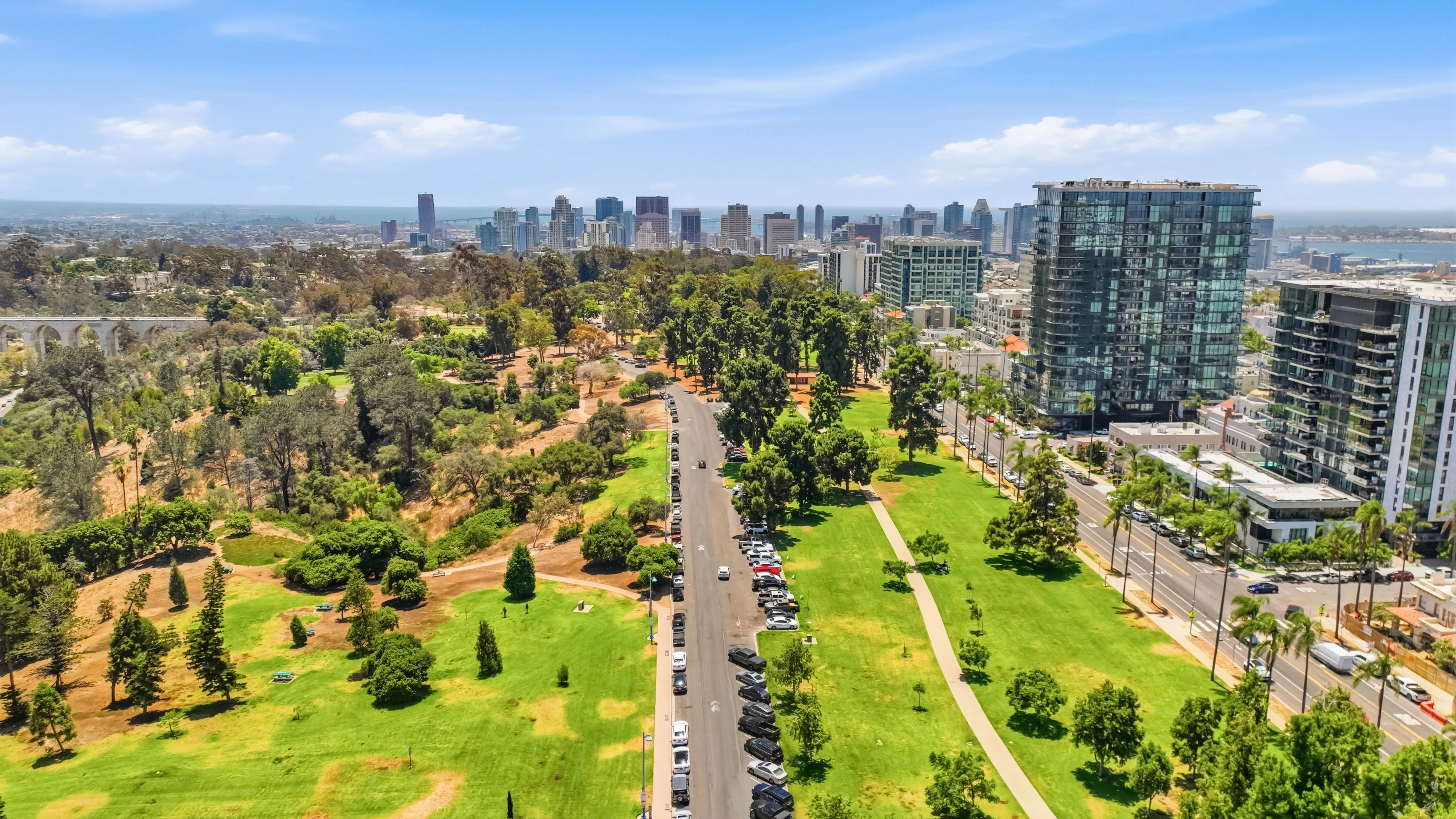 Aerial view of a wide park with trees and parking along a road, city skyline in the background.