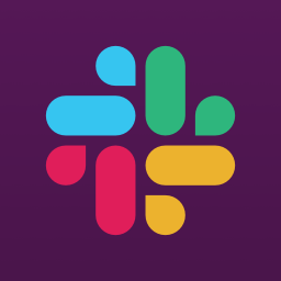 Slack logo with four colorful shapes in blue, green, yellow, and red on a purple background.