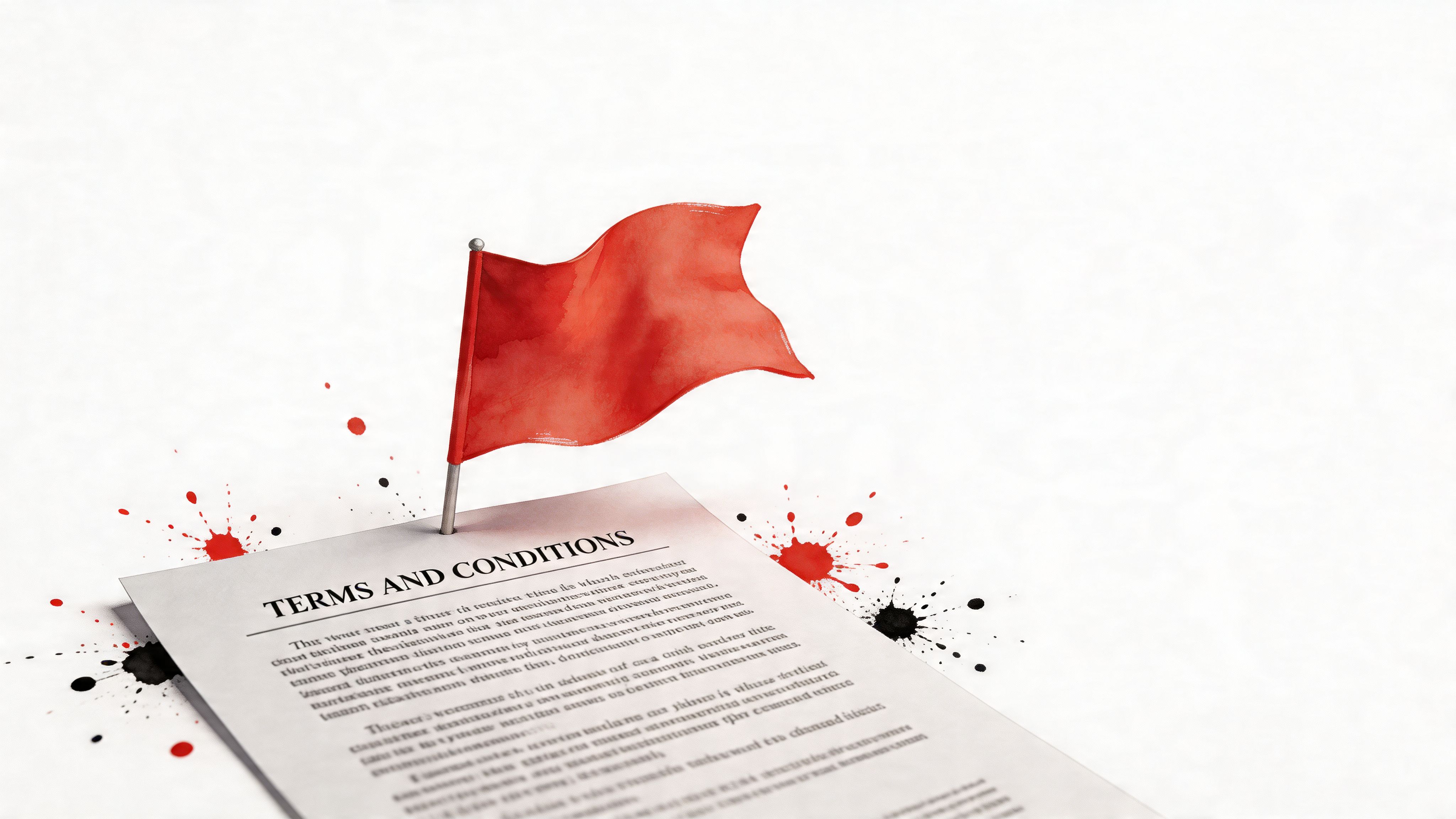 A red flag marking a document labeled Terms and Conditions with decorative ink splatters on white background.