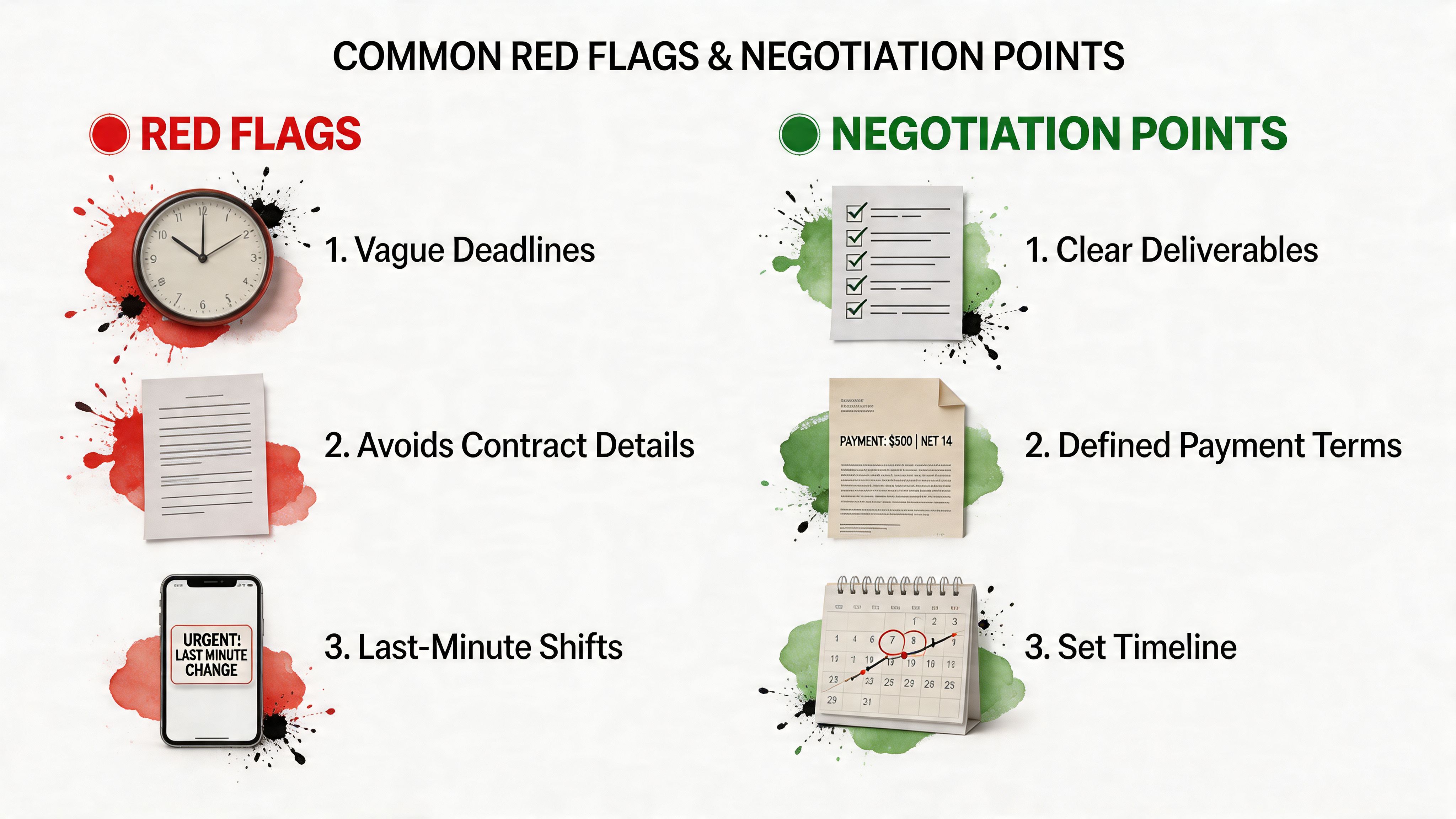 A visual guide comparing red flags versus negotiation points for professional service agreements and freelance contracts.