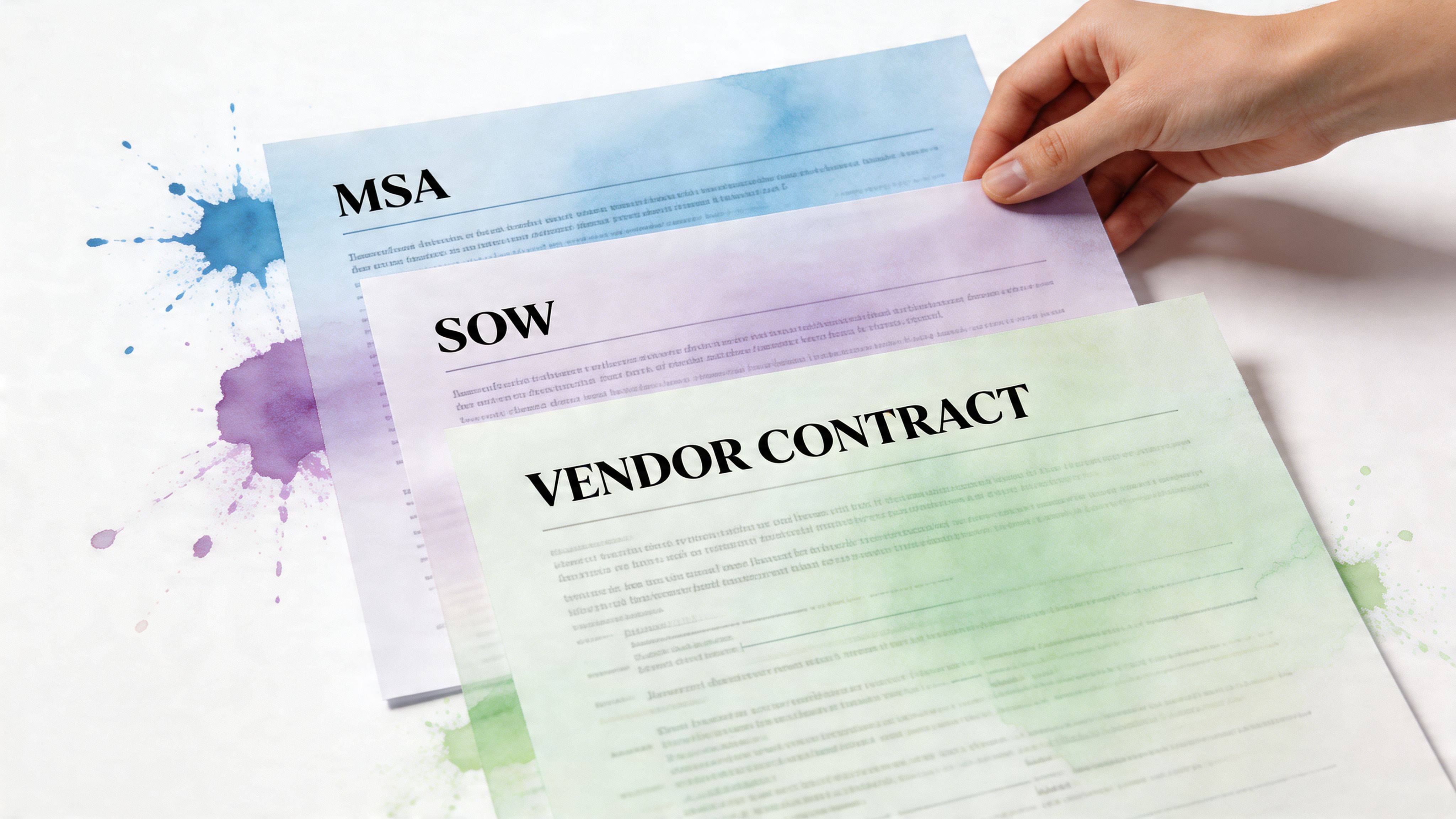 A hand holds a stack of documents titled MSA, SOW, and Vendor Contract on a white surface.