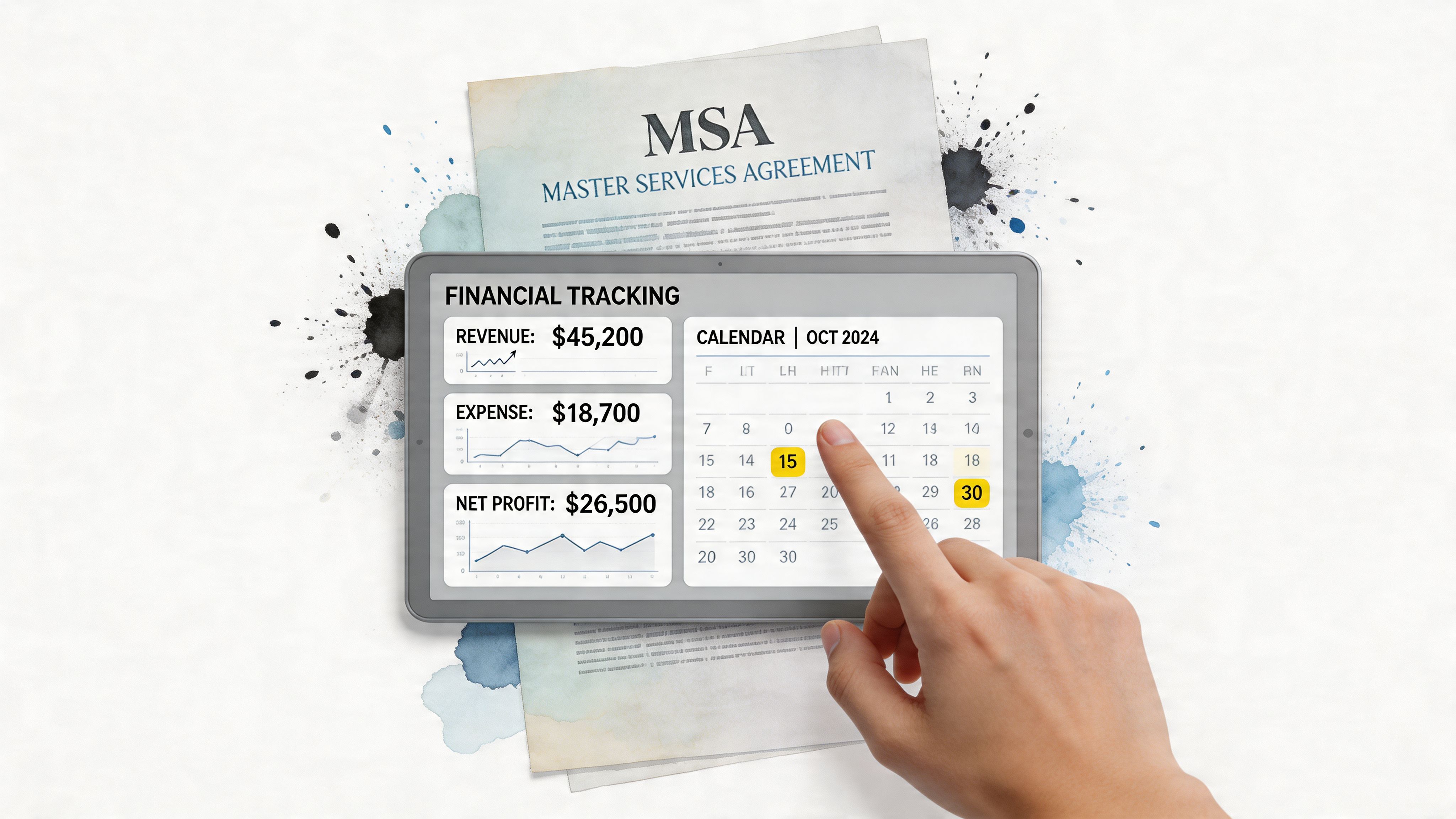 A tablet displays financial tracking metrics and a calendar, while a hand selects a date.
