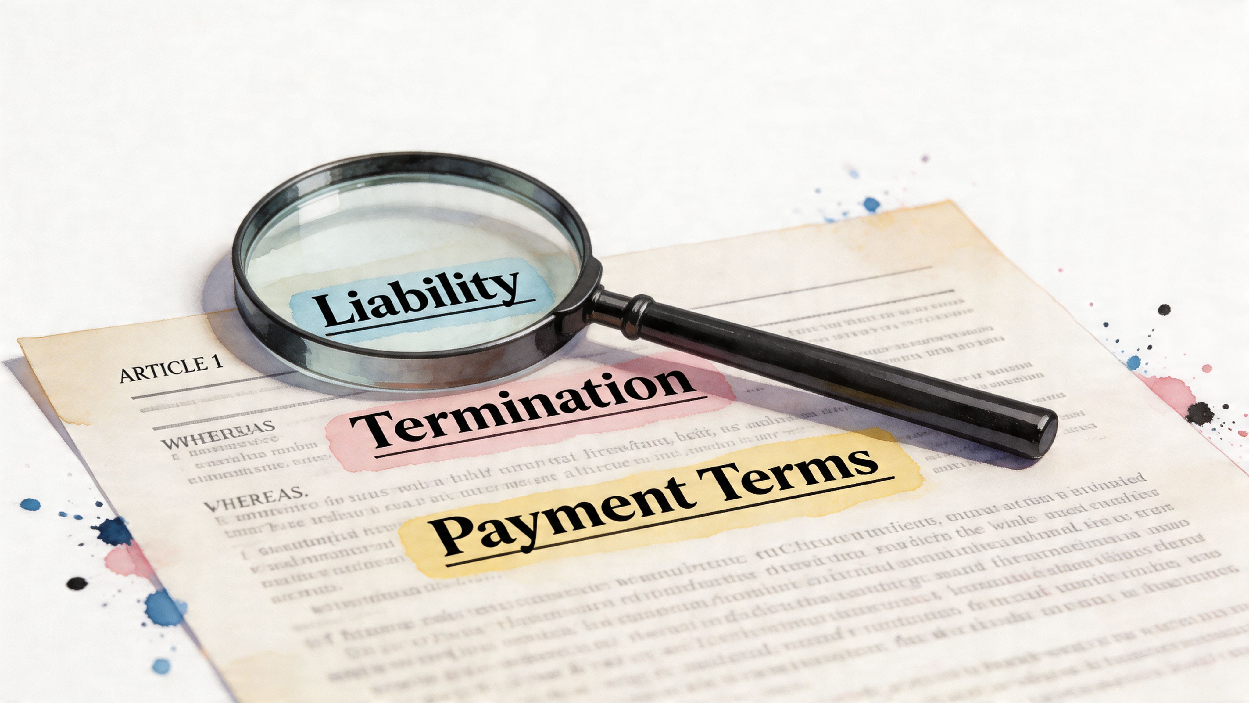 A magnifying glass resting on a legal document highlighting liability, termination, and payment terms sections.
