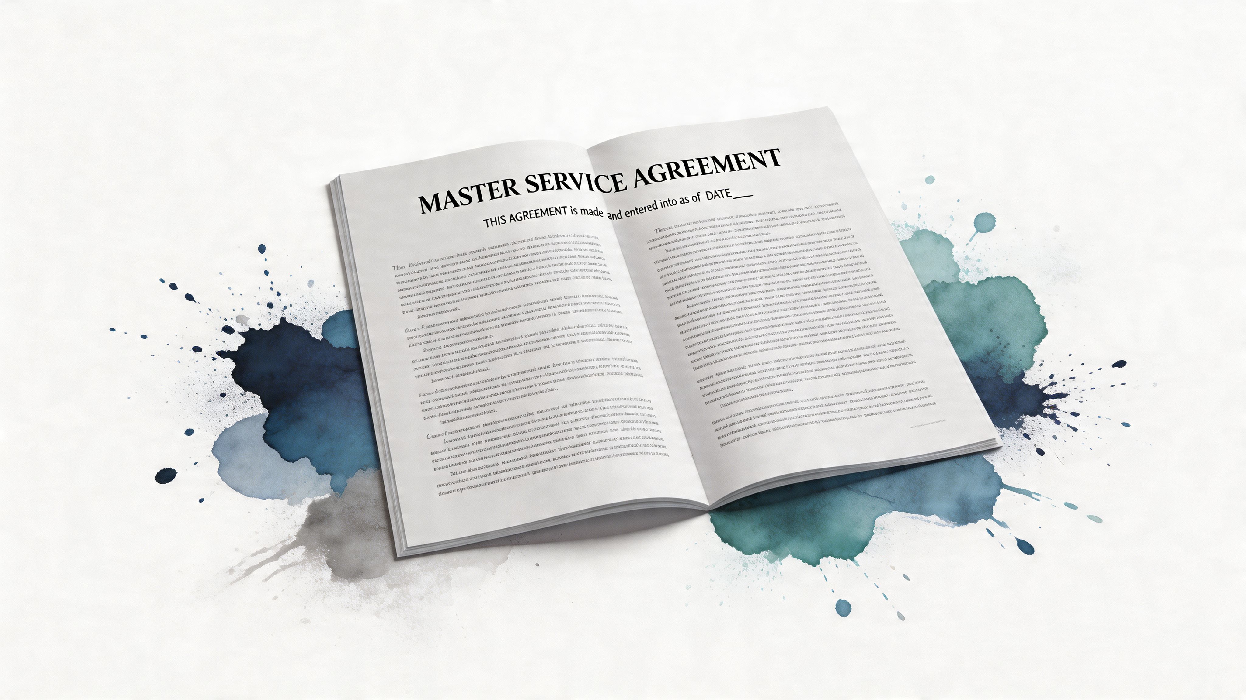 Open book displaying a Master Service Agreement document with artistic blue watercolor splashes in the background.