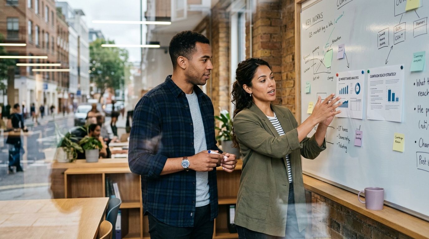 A professional man and woman collaborating on marketing strategy and data analysis using a whiteboard in office.