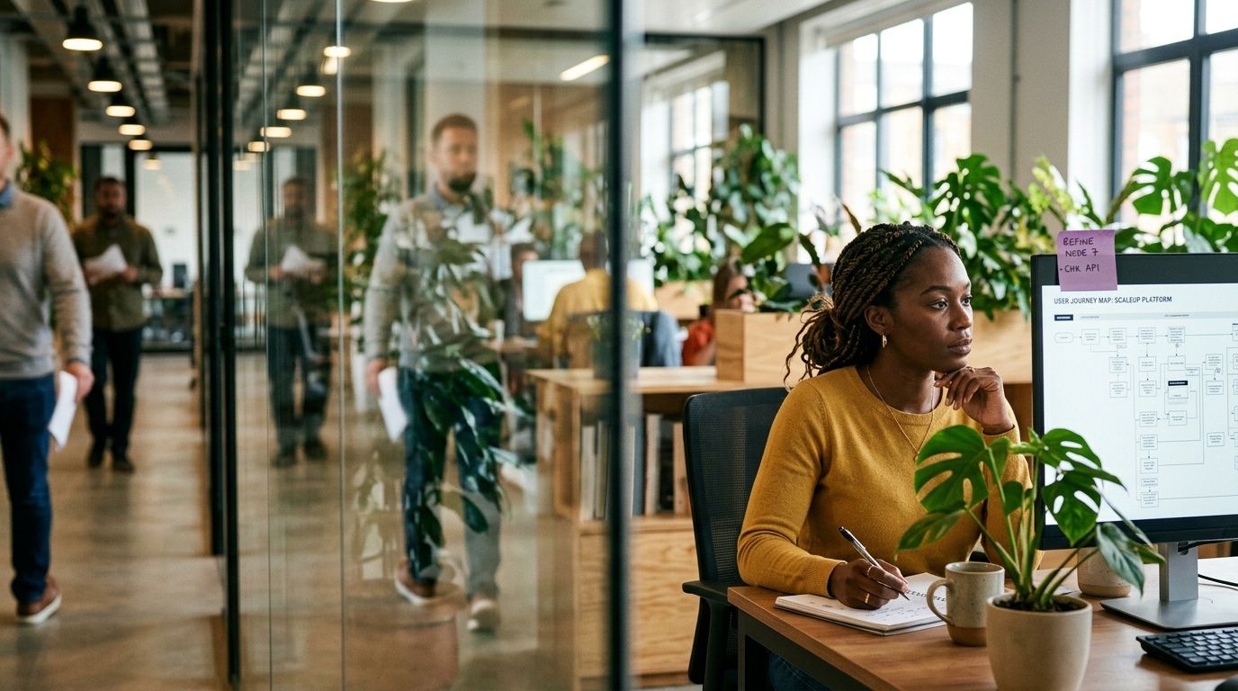 A professional woman in a bright office focusing on a user journey map on her computer screen.