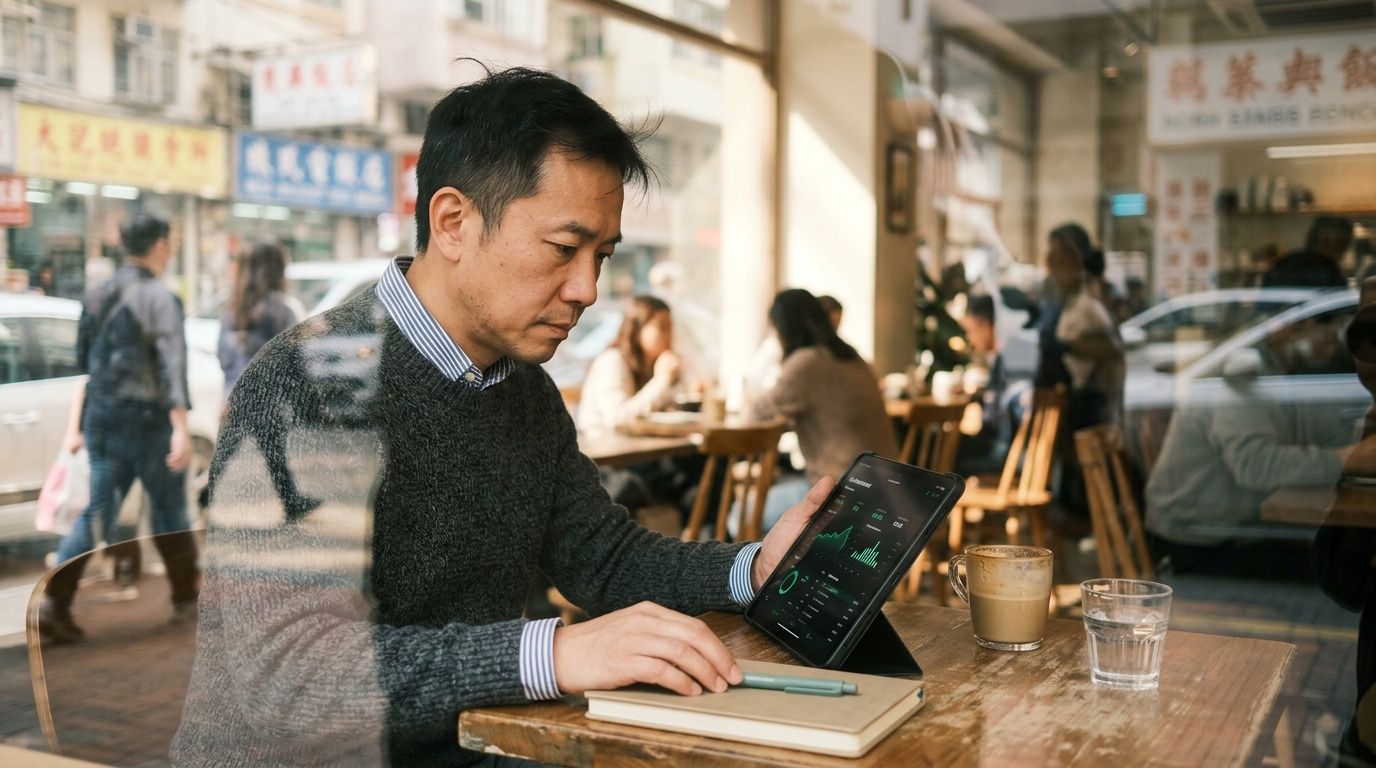 A professional man sits at a cafe table reviewing financial analytics on a tablet screen.