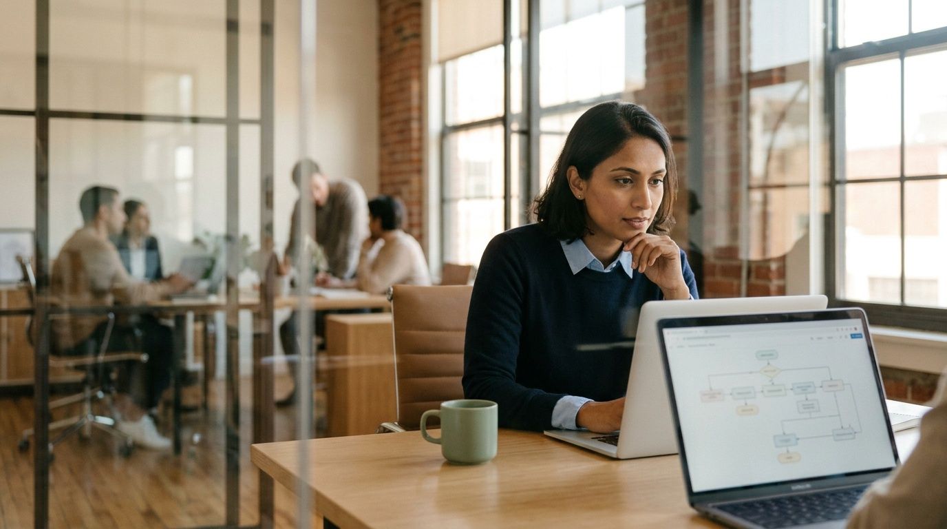 A professional woman working on a laptop with a workflow diagram displayed in a modern office.