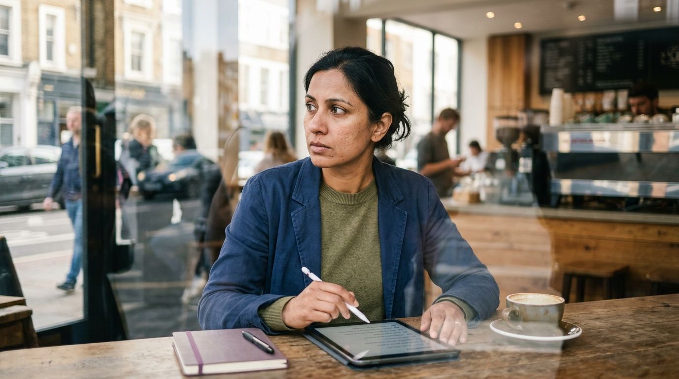 A woman sitting at a cafe table working on a tablet with a stylus and coffee.