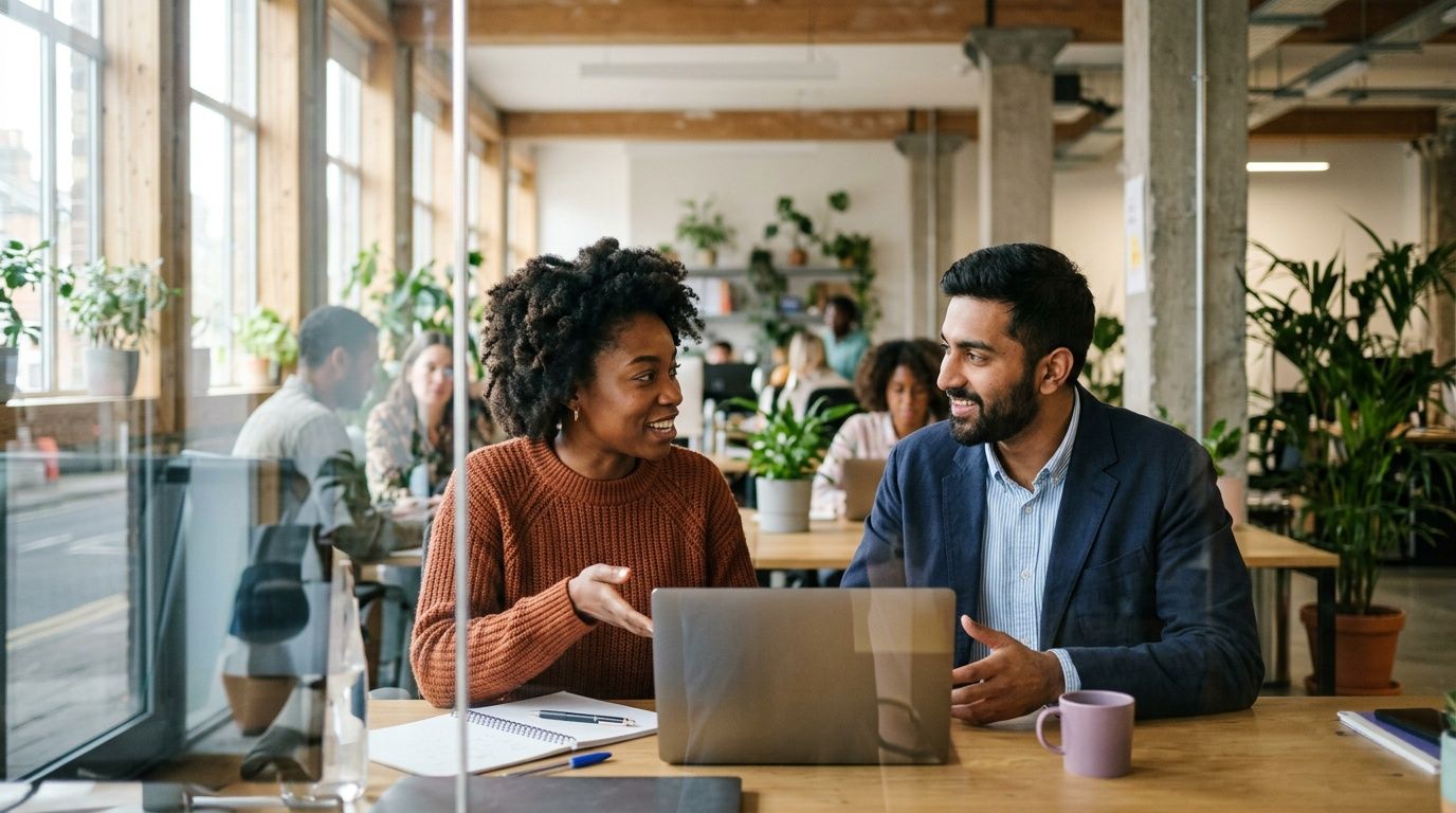 A woman and a man collaborating on a laptop at a bright office desk.