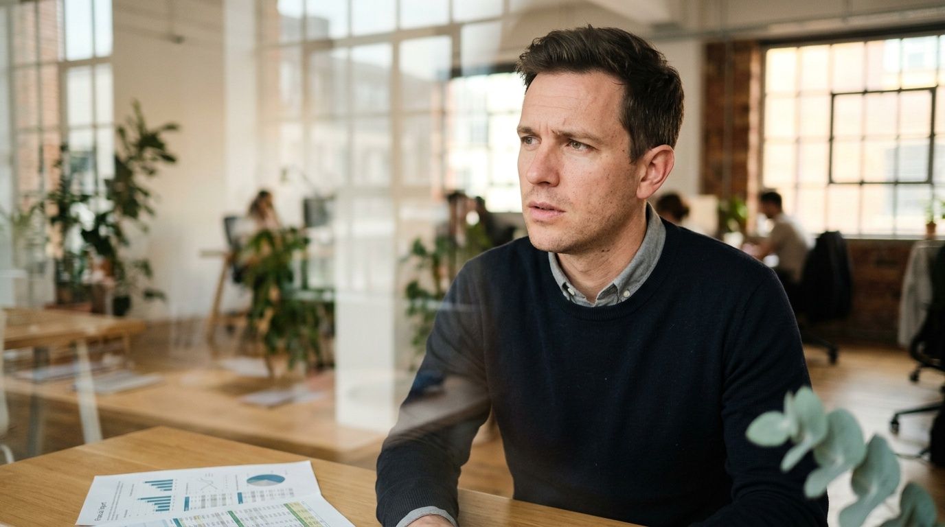 A pensive professional man sitting at a desk with financial charts in a modern open office space.