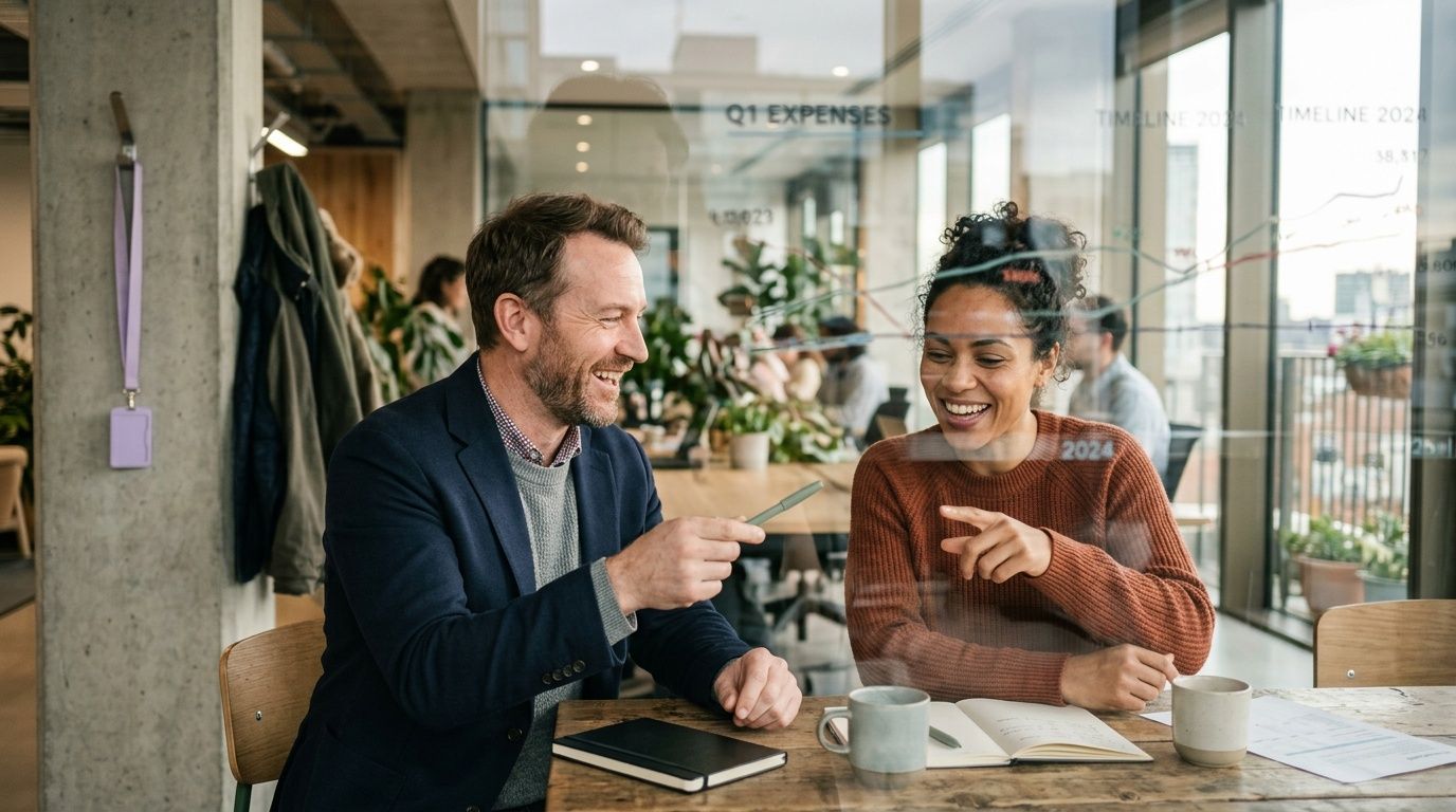 A professional man and woman smiling while collaborating on software licensing and management tasks in an office.