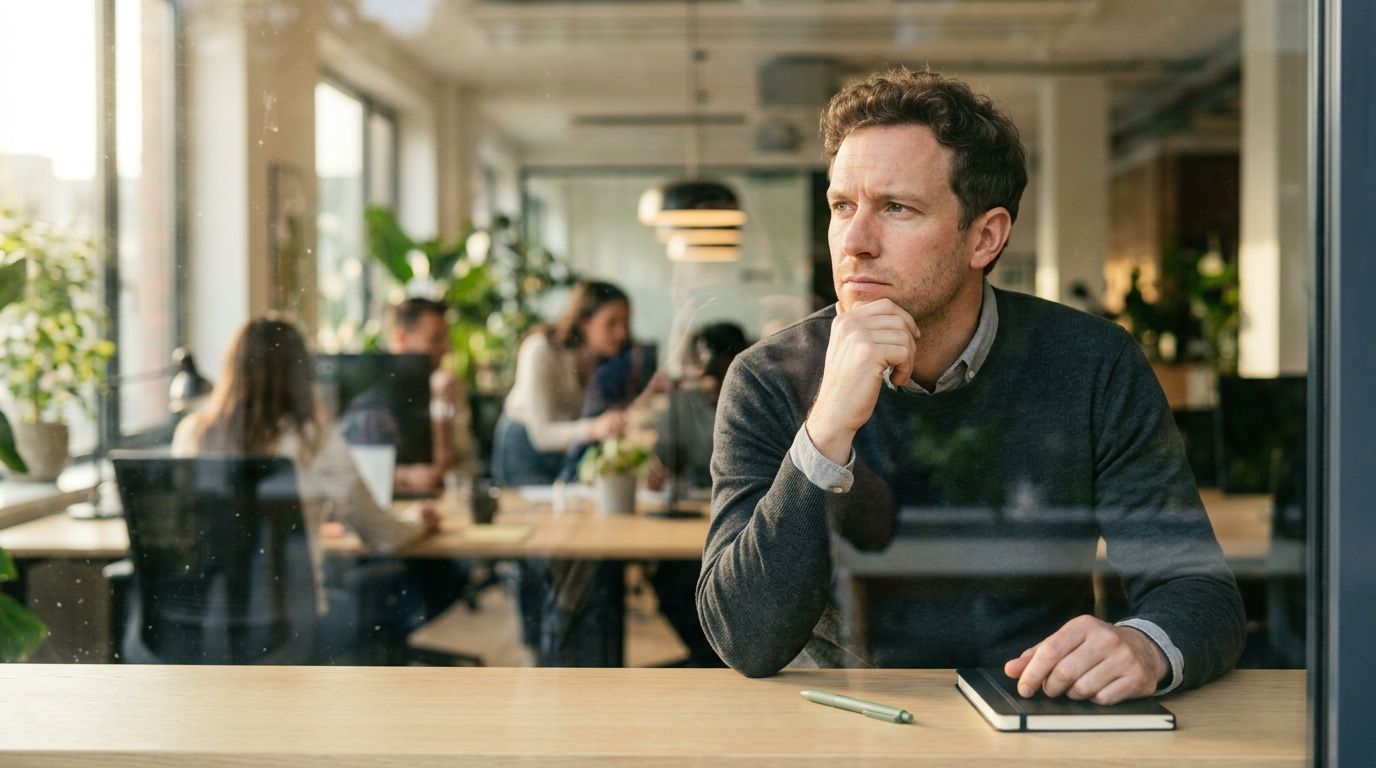 A pensive professional man sitting in a modern office space, contemplating work while looking through a glass partition.