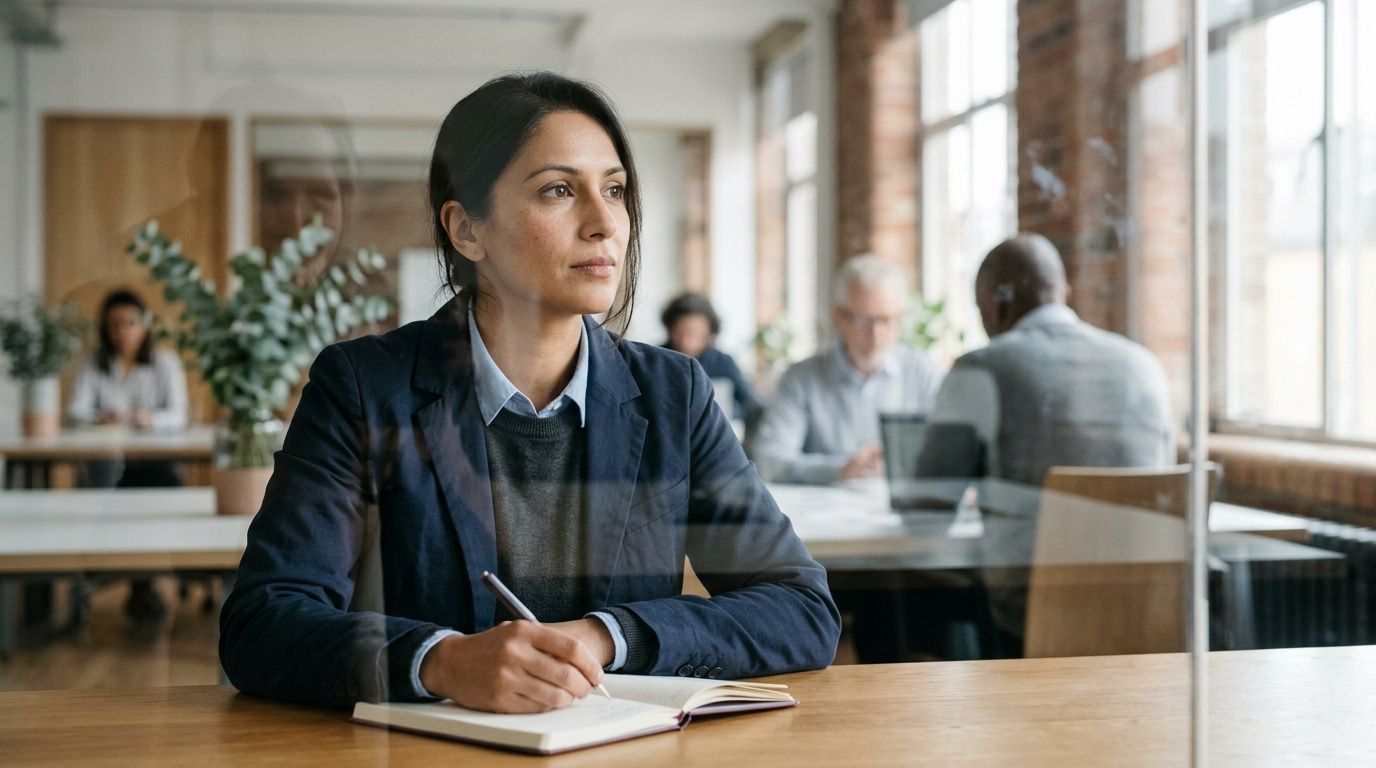A professional woman writing in a notebook in a modern office with colleagues working in background.