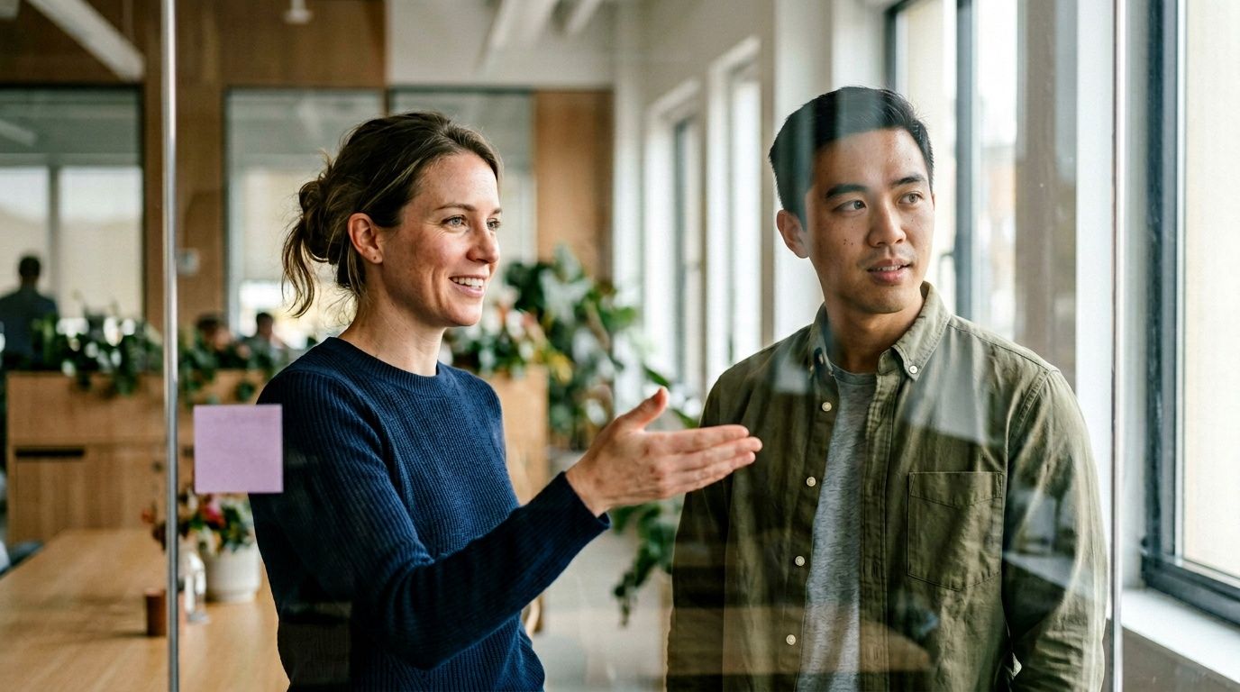 A professional woman explaining a concept to her male colleague while standing in a modern office environment.