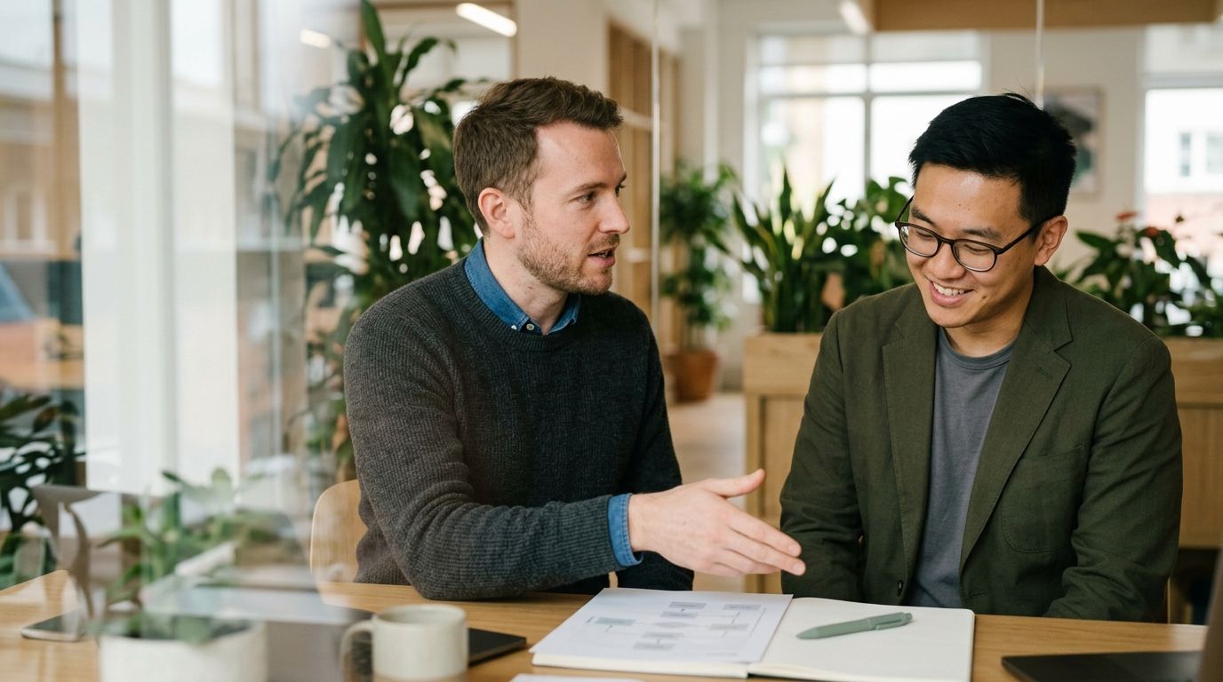 Two professional men collaborating in a bright, modern office while reviewing a business flow chart together.