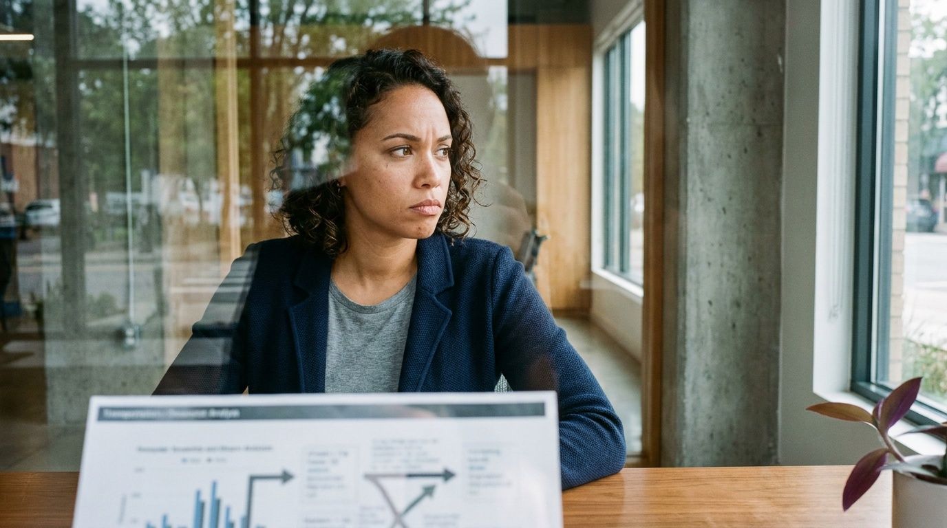 A professional woman looking thoughtful while reviewing supply chain risk management data in an office setting.