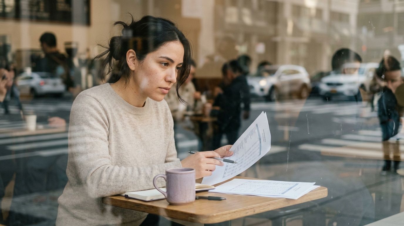 A focused woman reviewing business documents and financial charts at a cafe table while working on supply chain tasks.